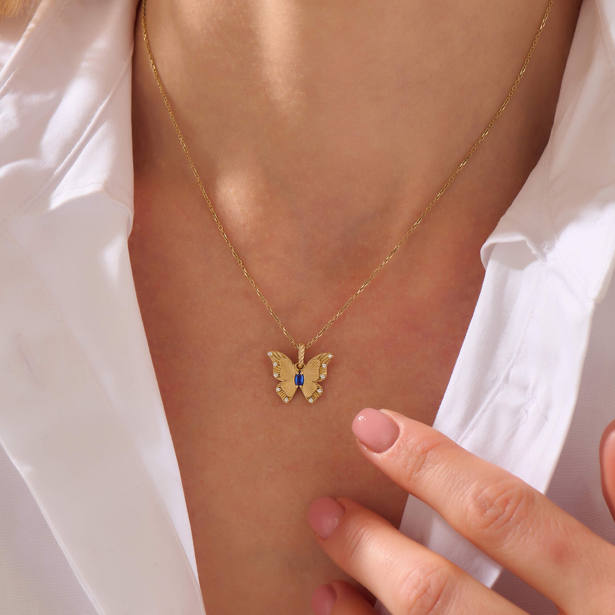 Women's Sapphire & Diamond Marquise Butterfly Necklace in Solid Yellow Gold
