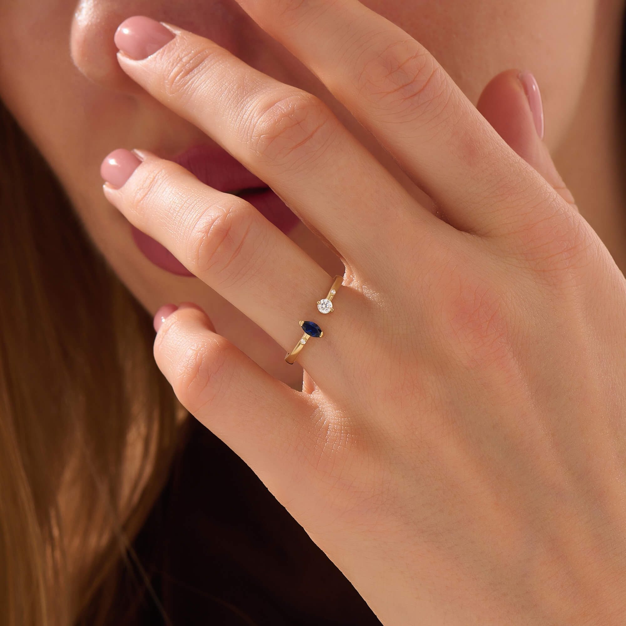 Lab-Created Diamond Sapphire Marquise Open Ring in Real Gold
