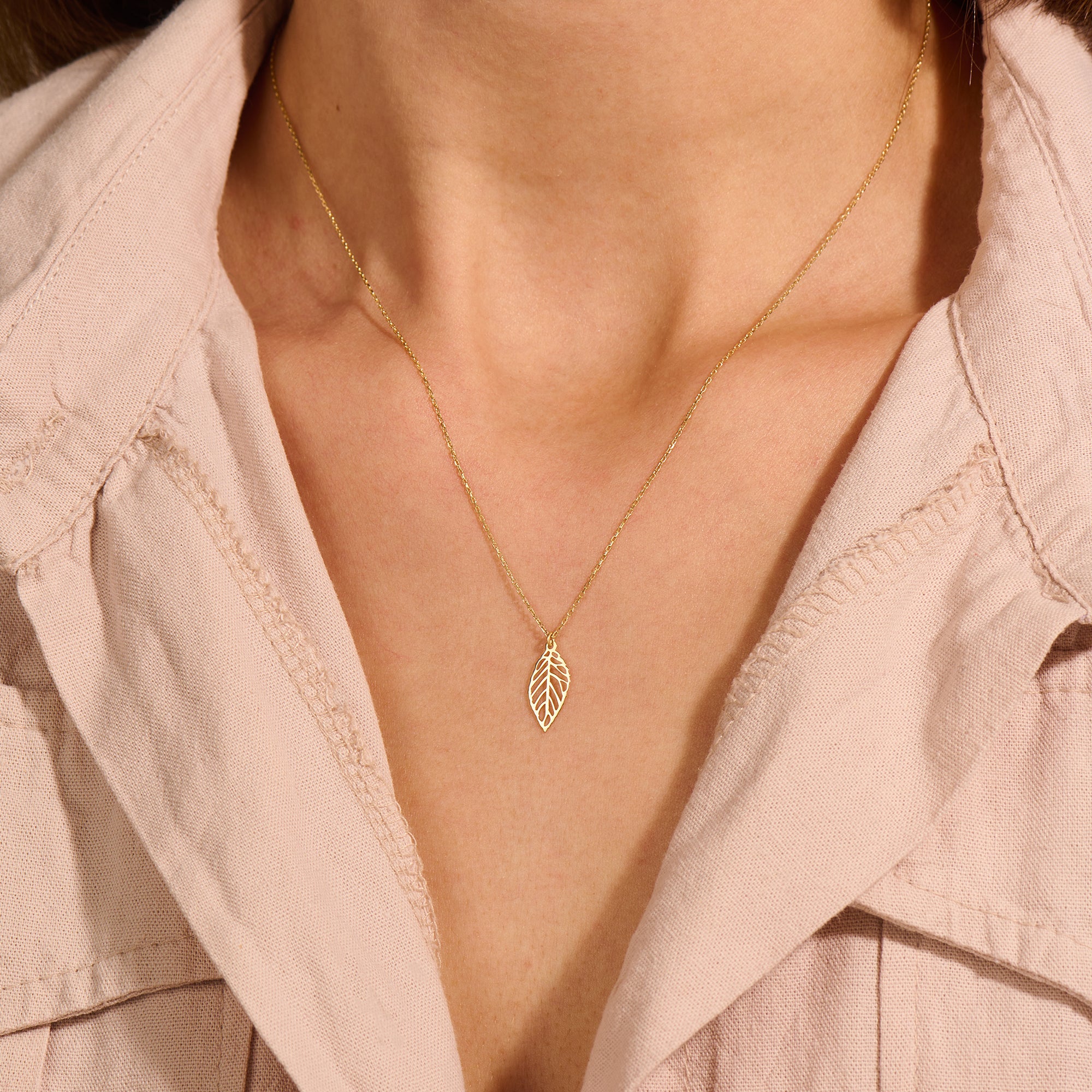 14k Solid Gold Dainty Leaf Necklace for Women