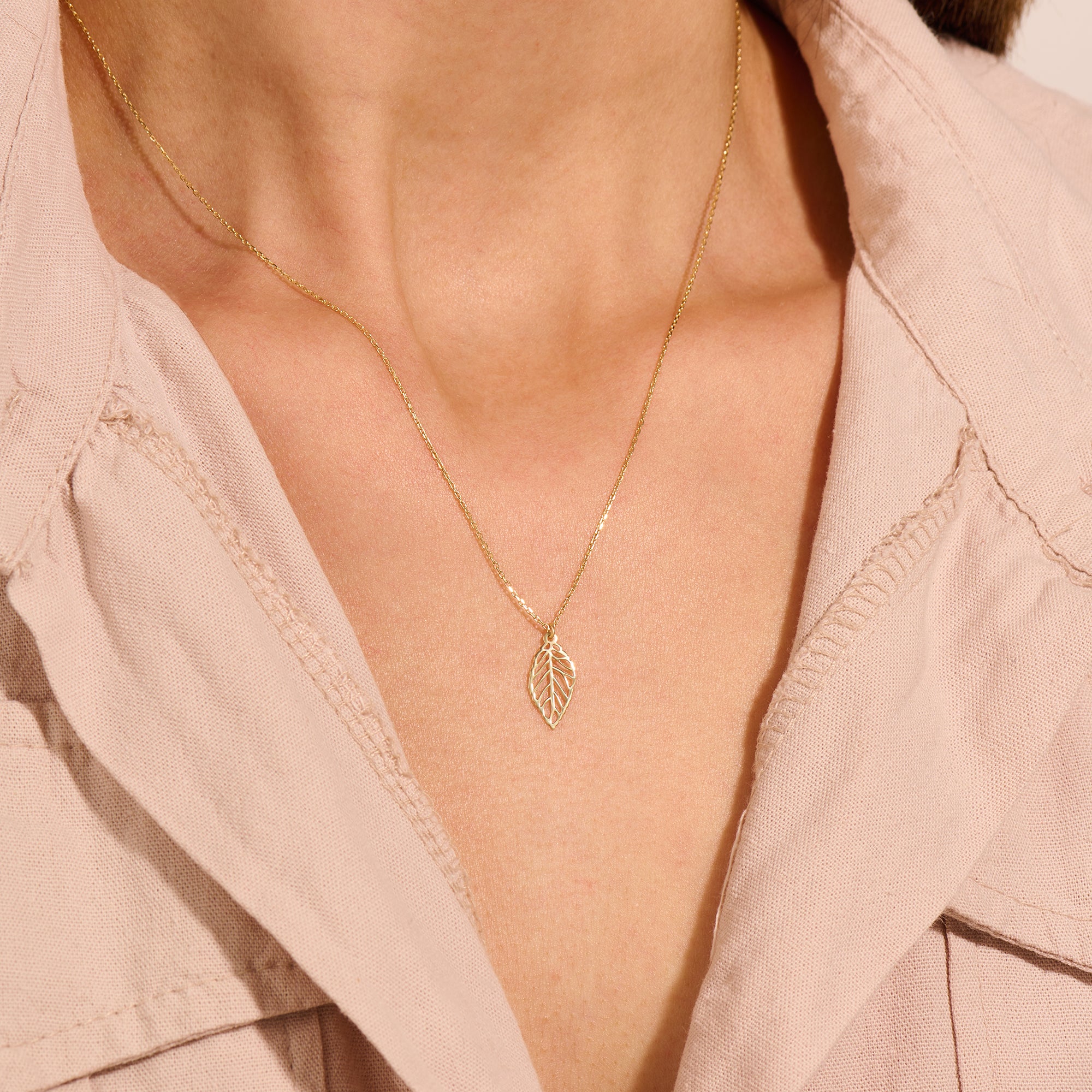 14k Real Gold Dainty Leaf Necklace for Women
