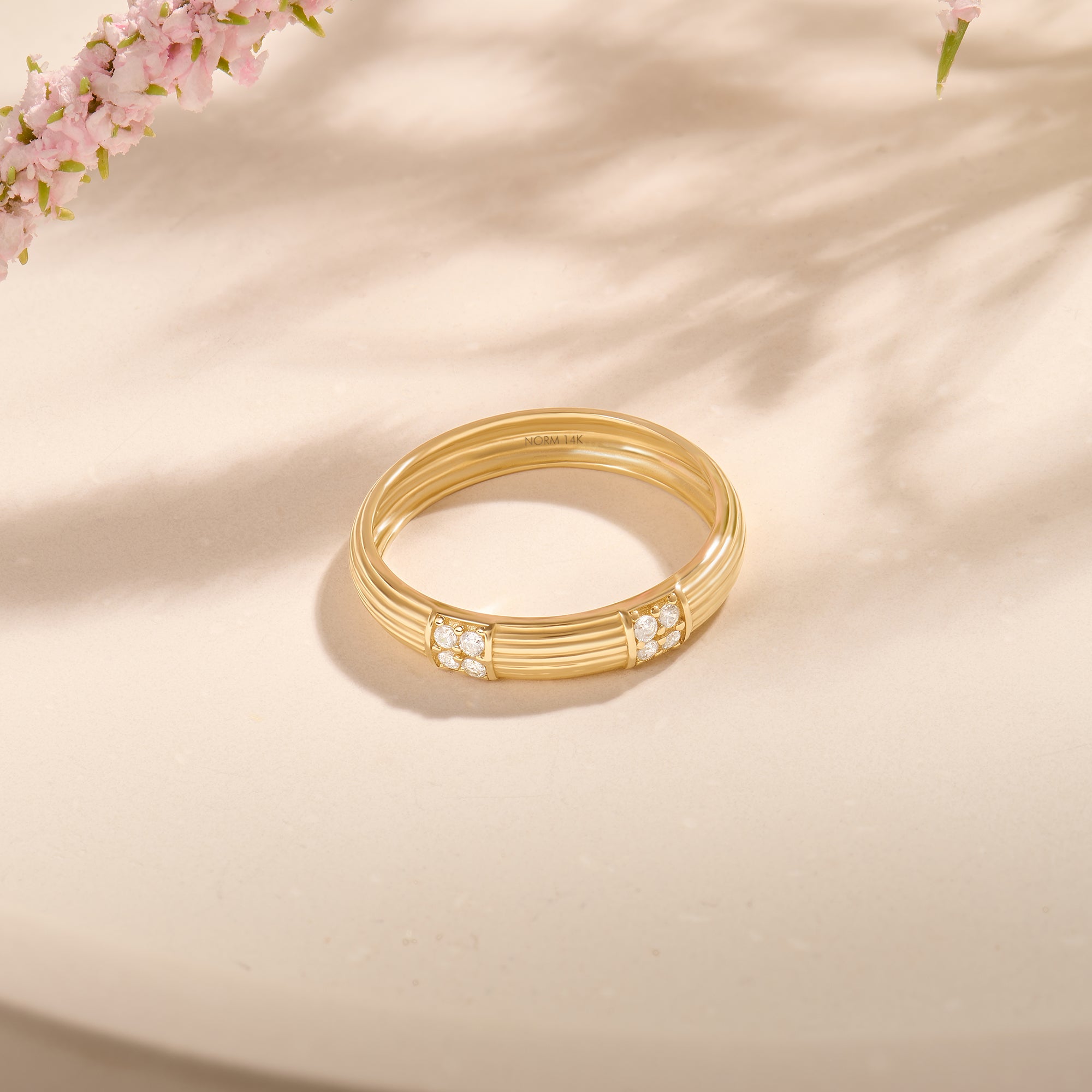 Solid 14K Gold Linear Design Dome Band Ring Paved with CZ Diamonds