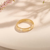 Solid 14K Gold Linear Design Dome Band Ring Paved with CZ Diamonds
