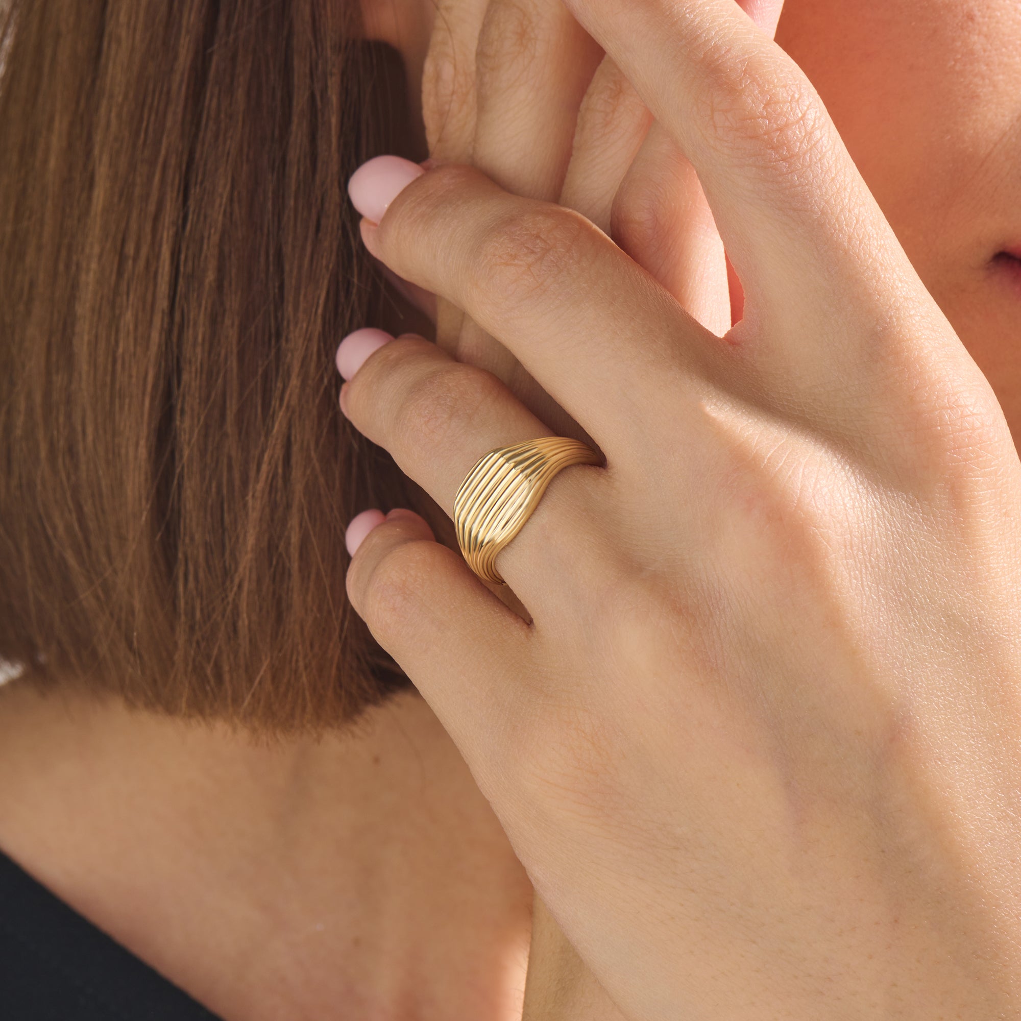 14K Solid Gold Parallel Linear Square Signet Ring