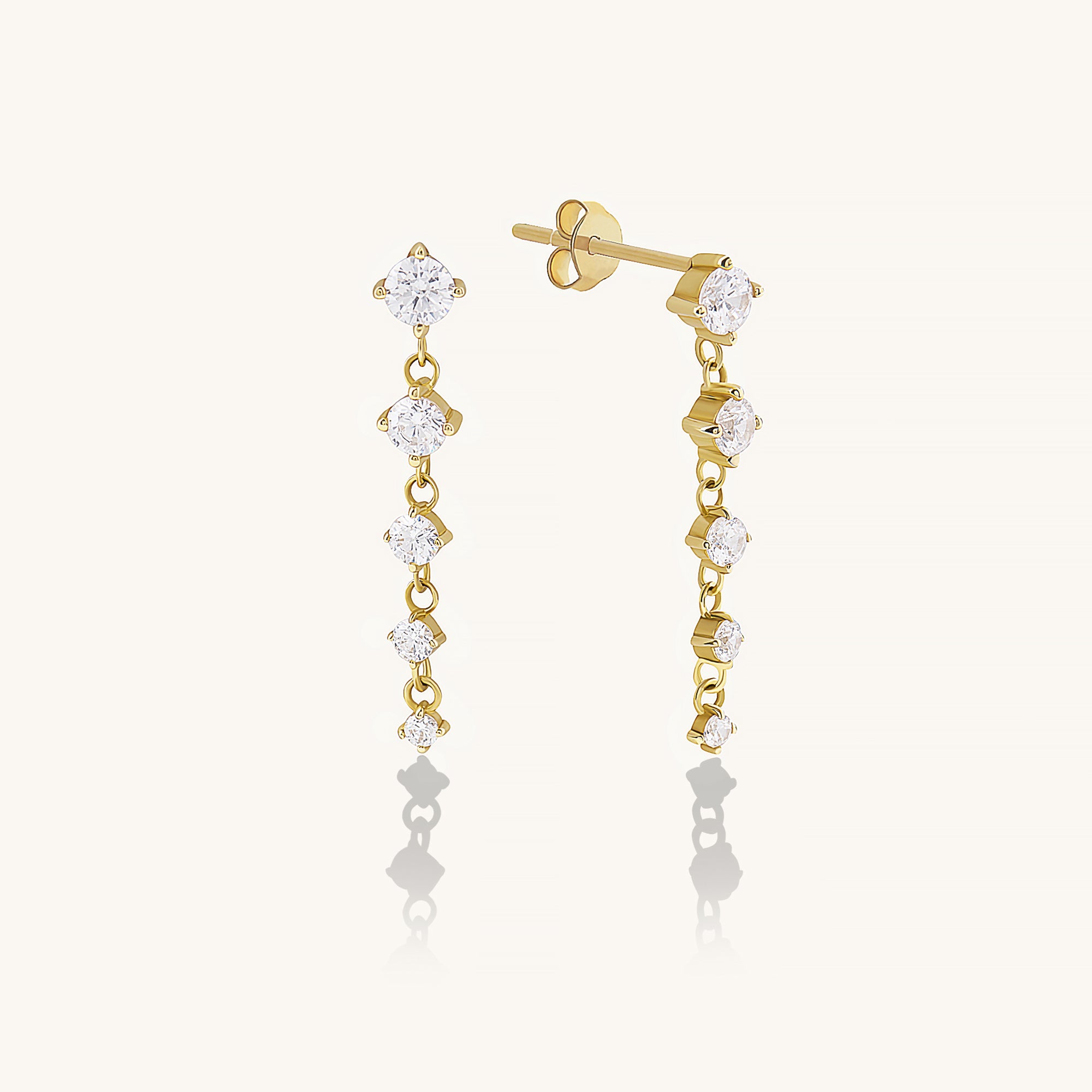 14K Real Gold CZ Diamonds Long Drop Earrings