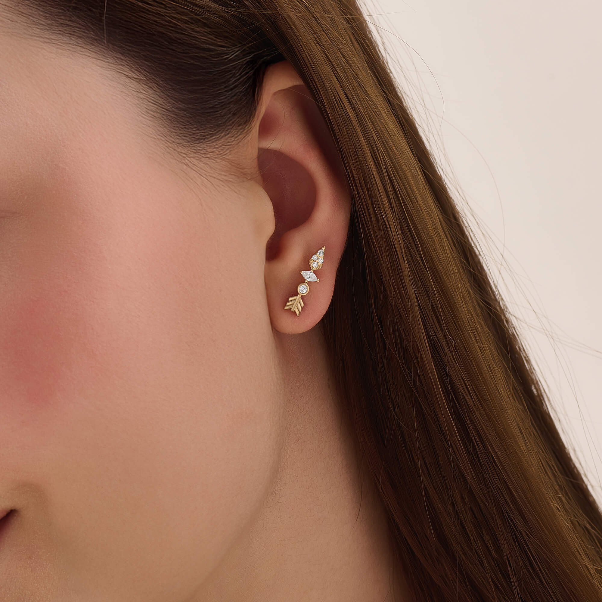 Women's Arrow Design Earrings with Marquise Stone in Solid Yellow Gold