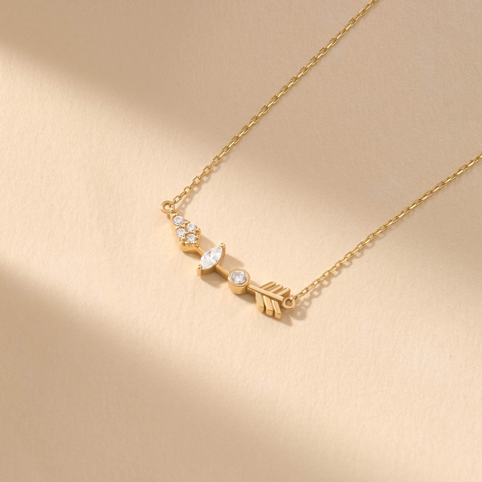 Solid Yellow Gold Arrow Necklace with Marquise Stone