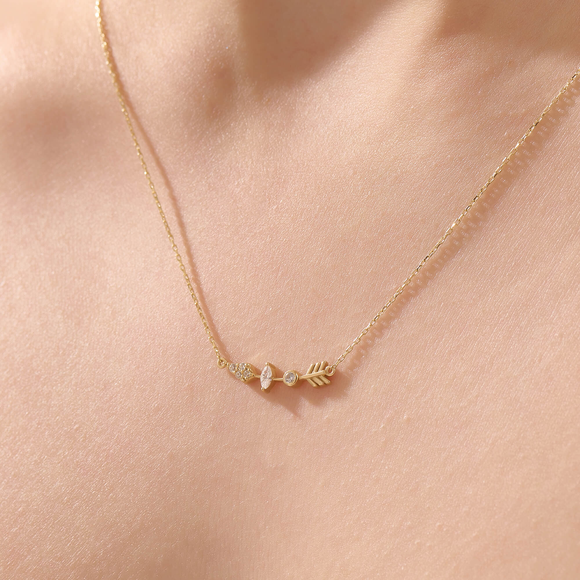 Women's Marquise Stone Design Arrow Necklace in Solid Yellow Gold