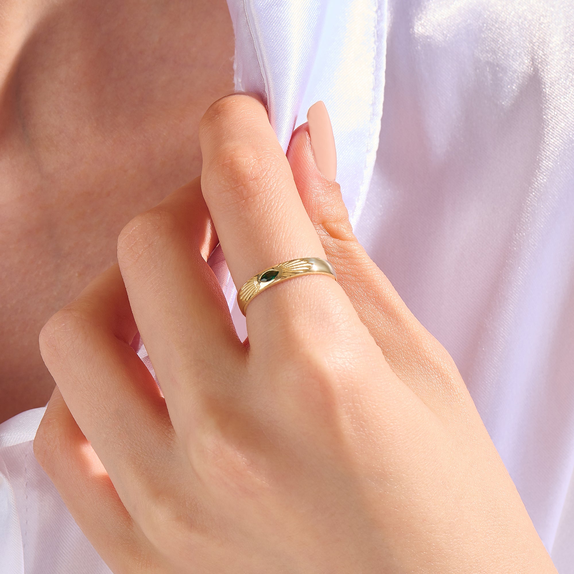14K Real Gold Marquise Emerald Sunburst Band Ring