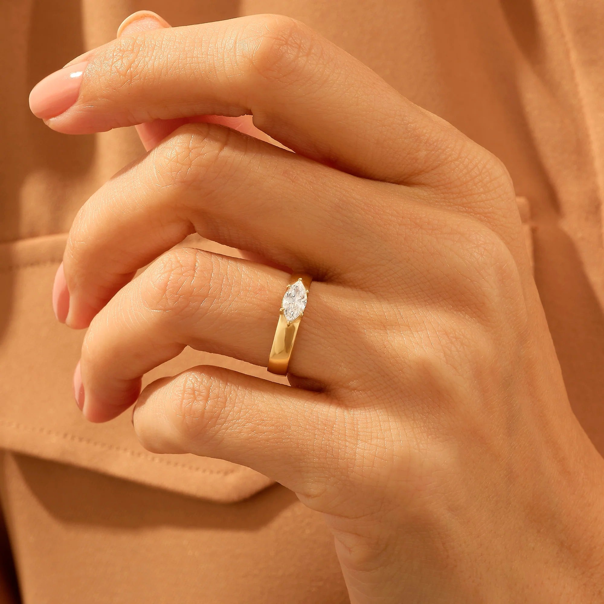 Women's Marquise Moissanite Bold Band Ring in Solid Yellow Gold