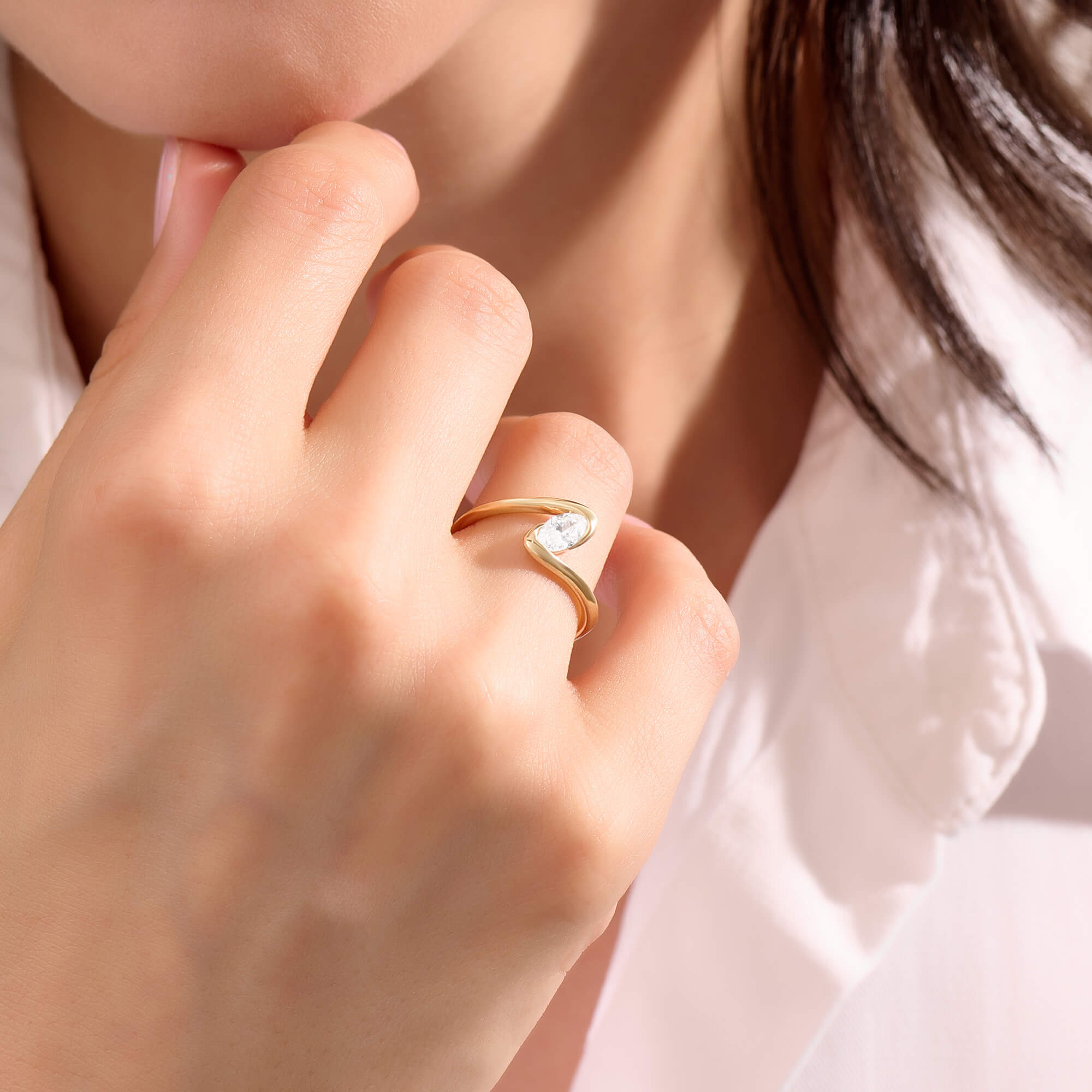 Women's Marquise Moissanite Solitaire Bypass Ring in Yellow Gold