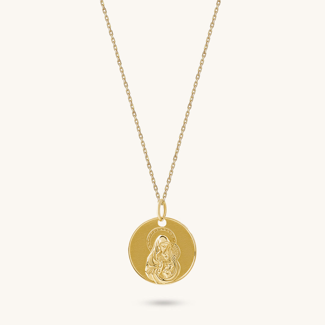 14k Real Yellow Gold Mary & Baby Jesus Necklace for Women