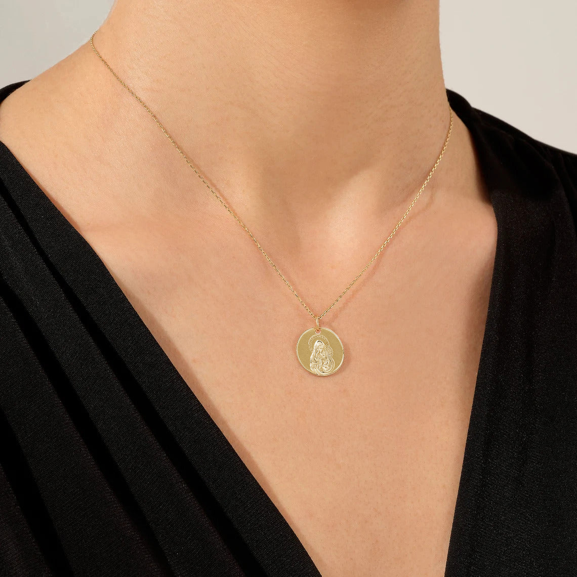14K Solid Yellow Gold Virgin Mary & Baby Jesus Coin Necklace