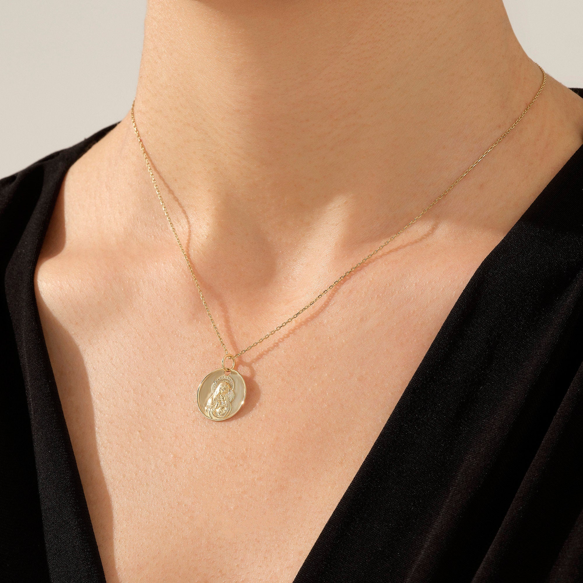 14k Solid Yellow Gold Mary & Baby Jesus Necklace for Women