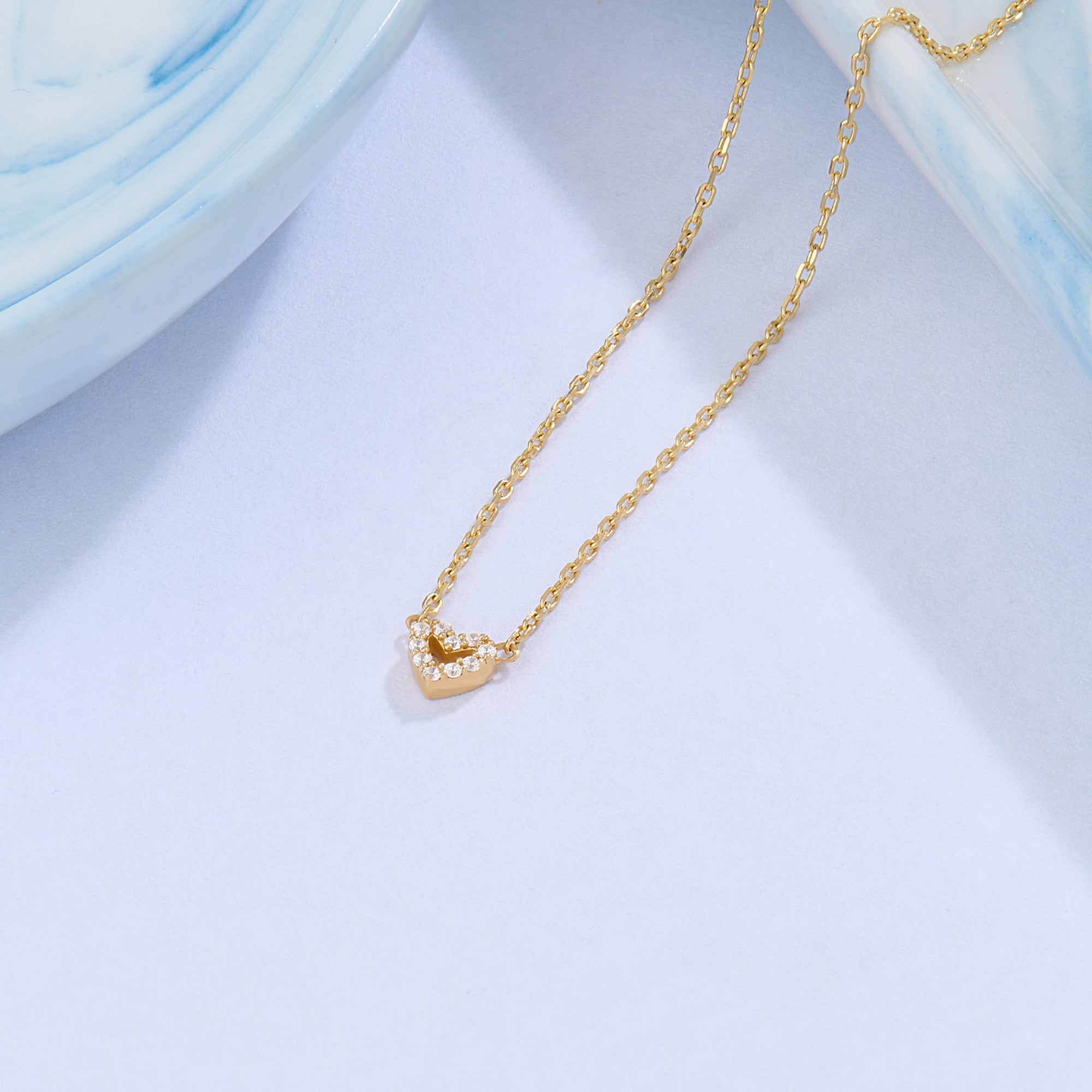 14K Solid Gold Minimal Heart Necklace Paved with CZ Diamonds