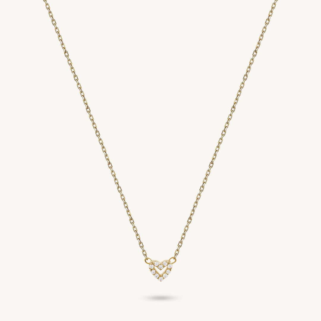 14K Gold Minimal Heart Necklace Paved with CZ Diamonds