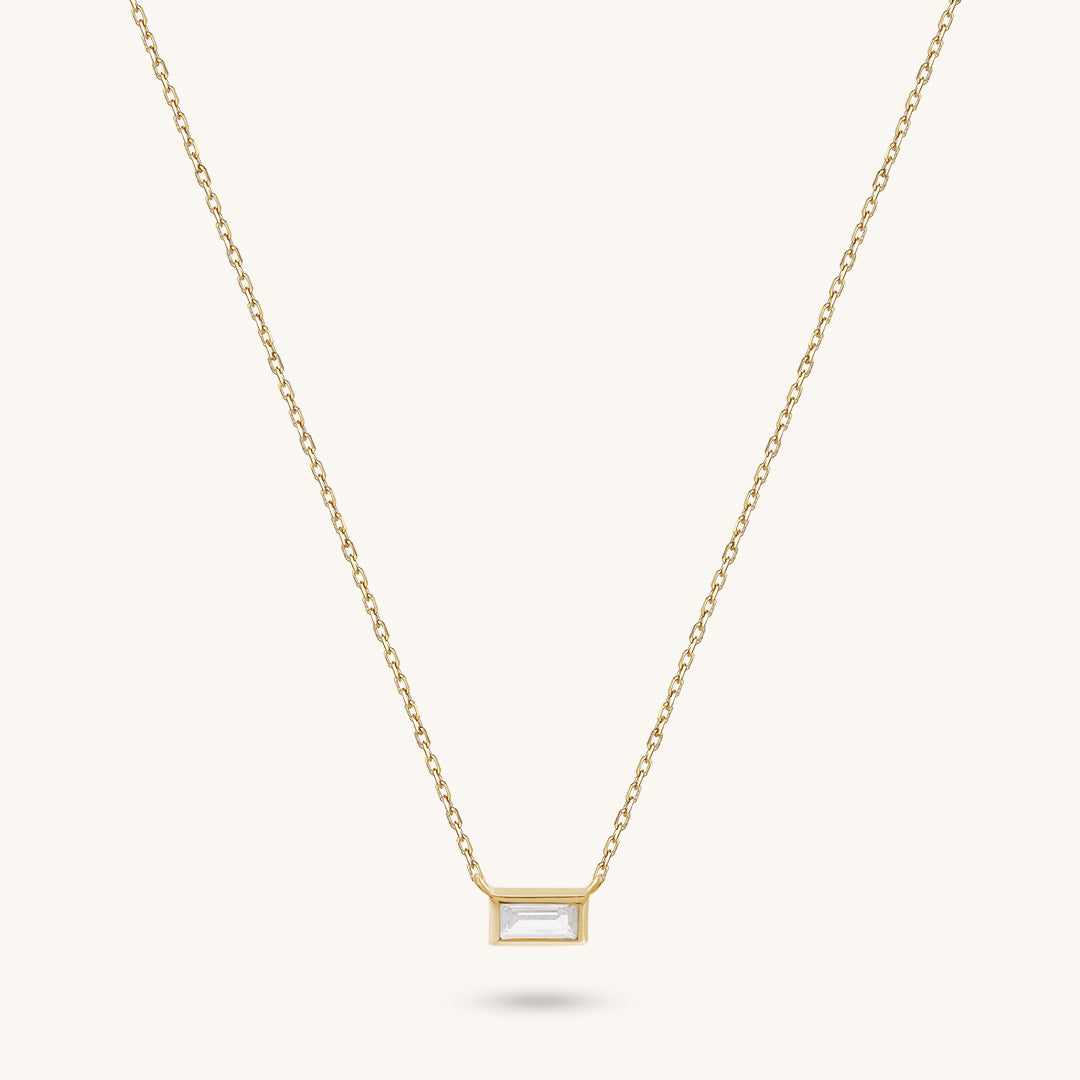 14K Real Gold Minimalist Baguette Necklace for Women