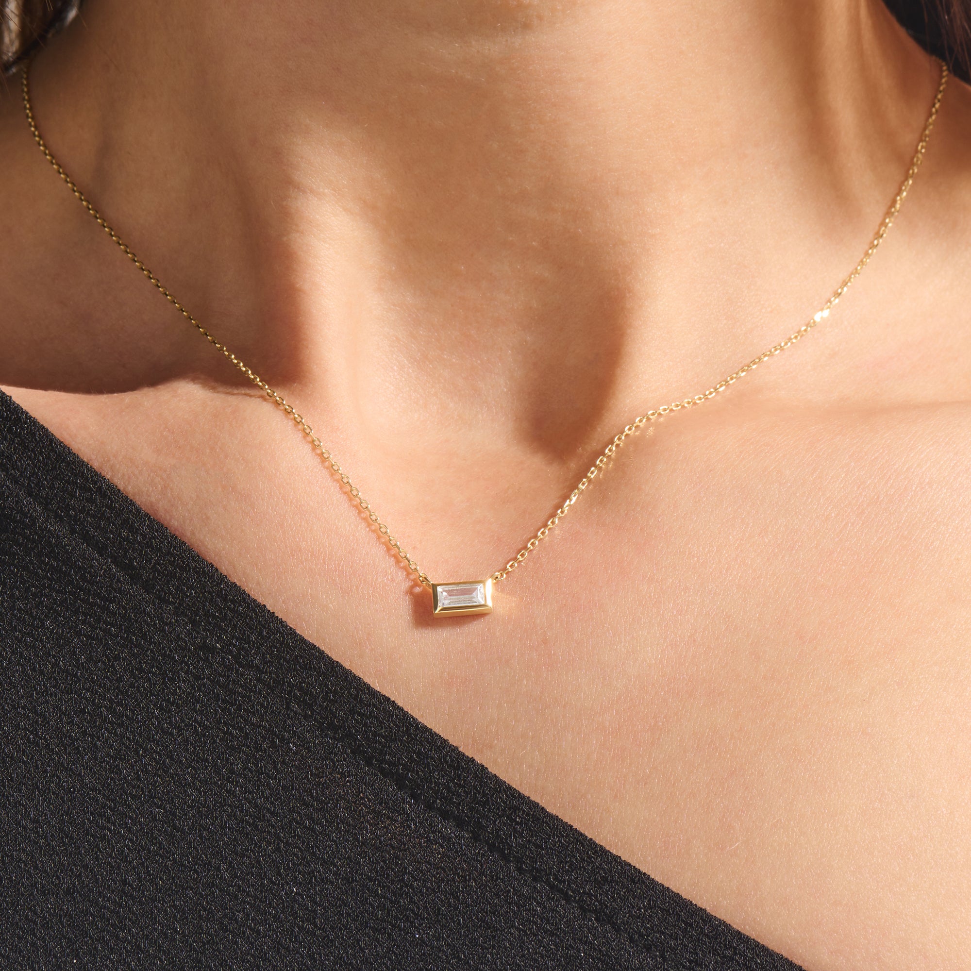14k Solid Gold Baguette Solitaire Necklace