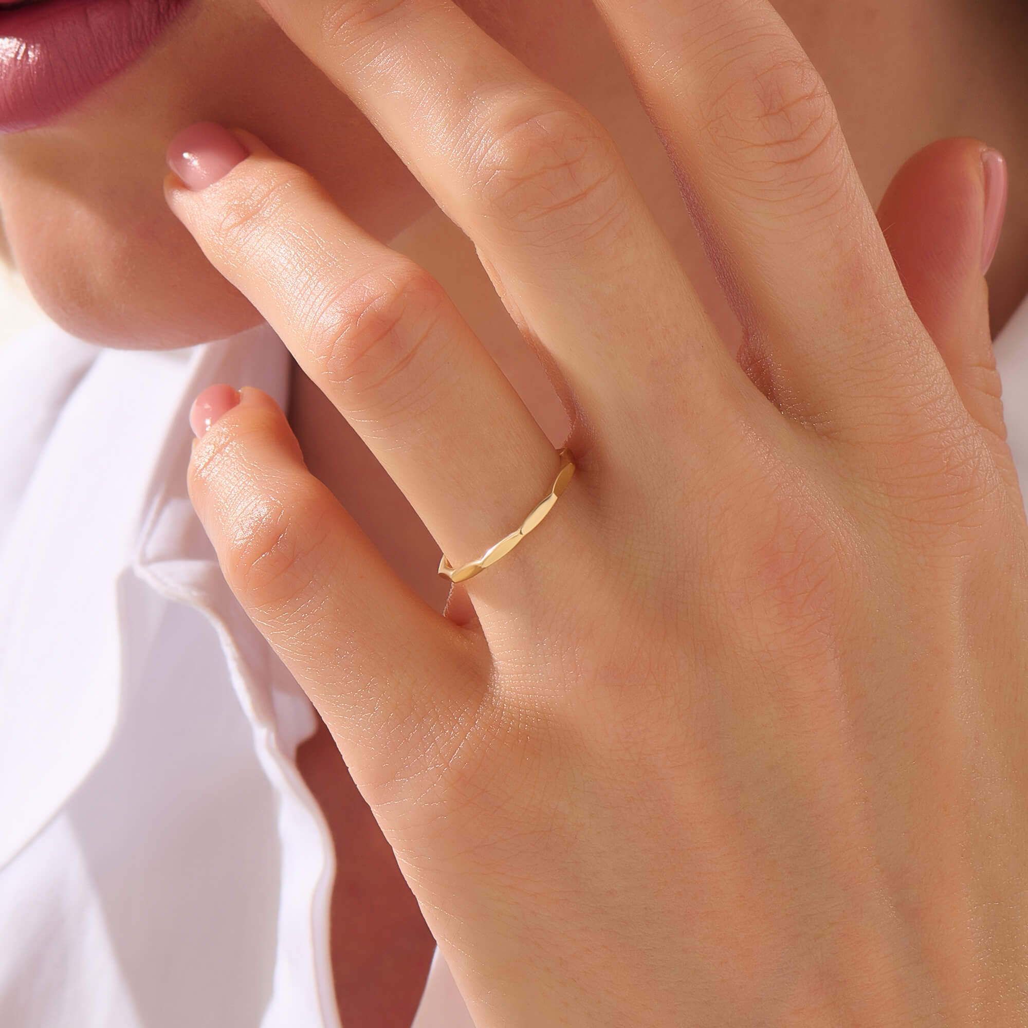 Women's Real Yellow Gold Minimalist Faceted Band Ring