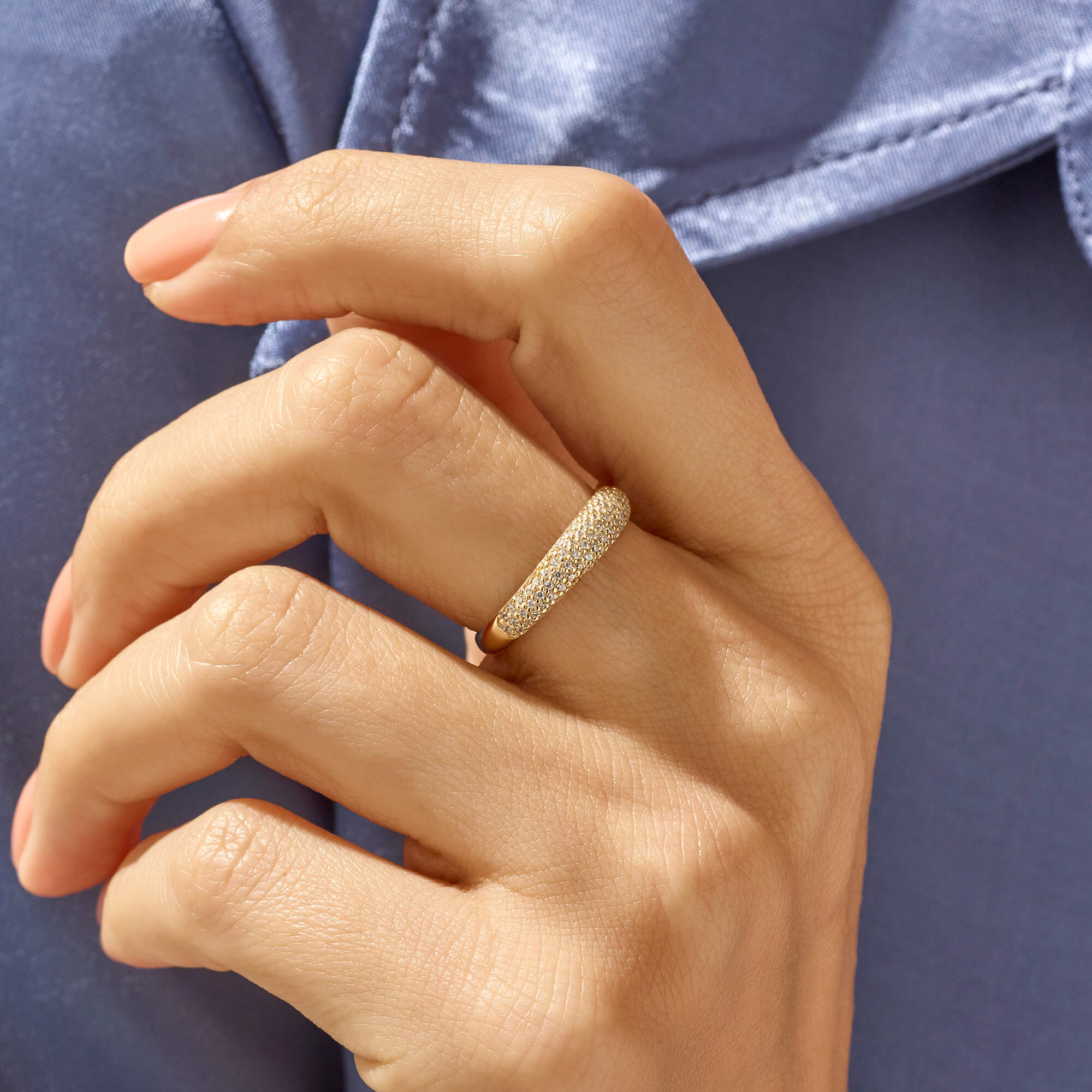 14K Solid Gold Minimalist Dome Ring Paved with CZ Diamonds