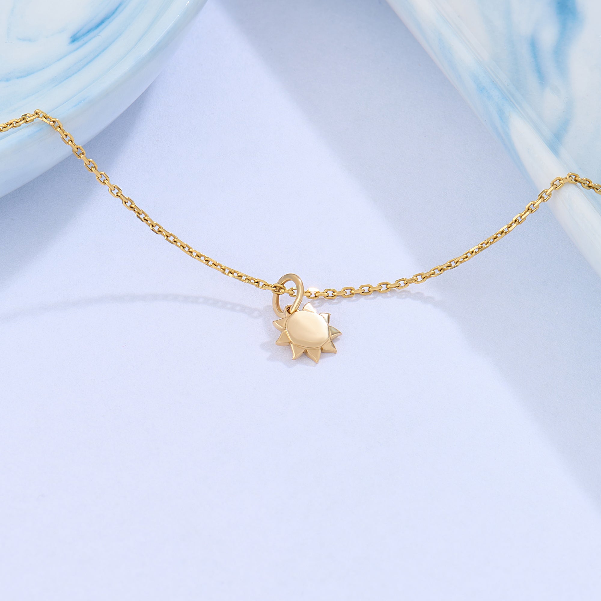 14K Solid Yellow Gold Minimalist Sun Charm Necklace