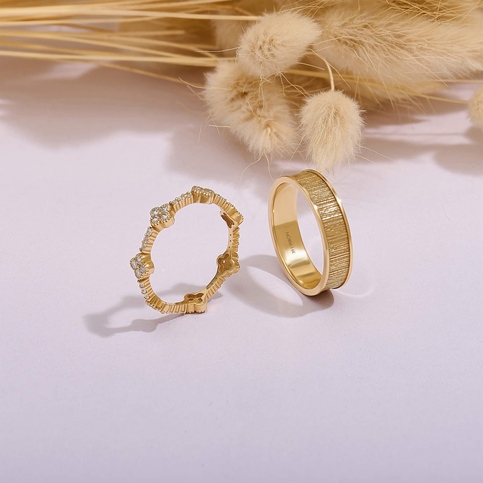 Moissaite Shamrock Stacking Ring and Band Ring in Solid Gold