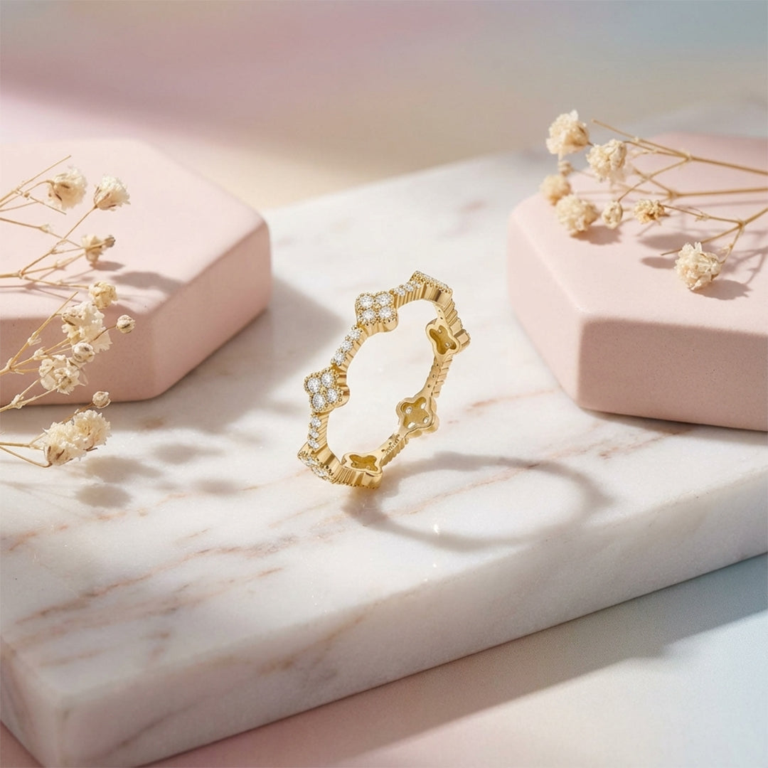 Moissaite Shamrock Design Stacking Ring in Gold