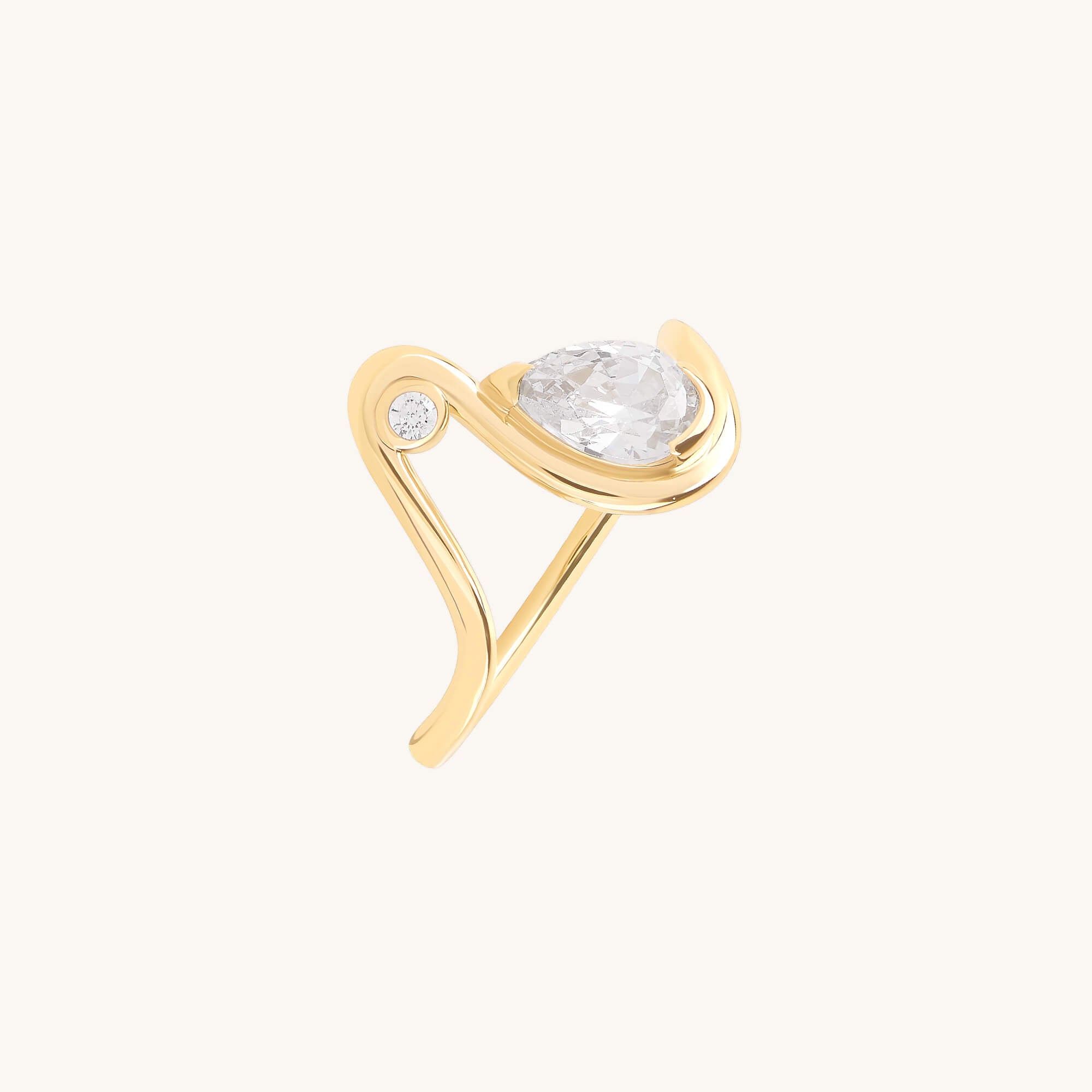 Moissanite Pear Solitaire Swirl Ring in Yellow Solid Gold