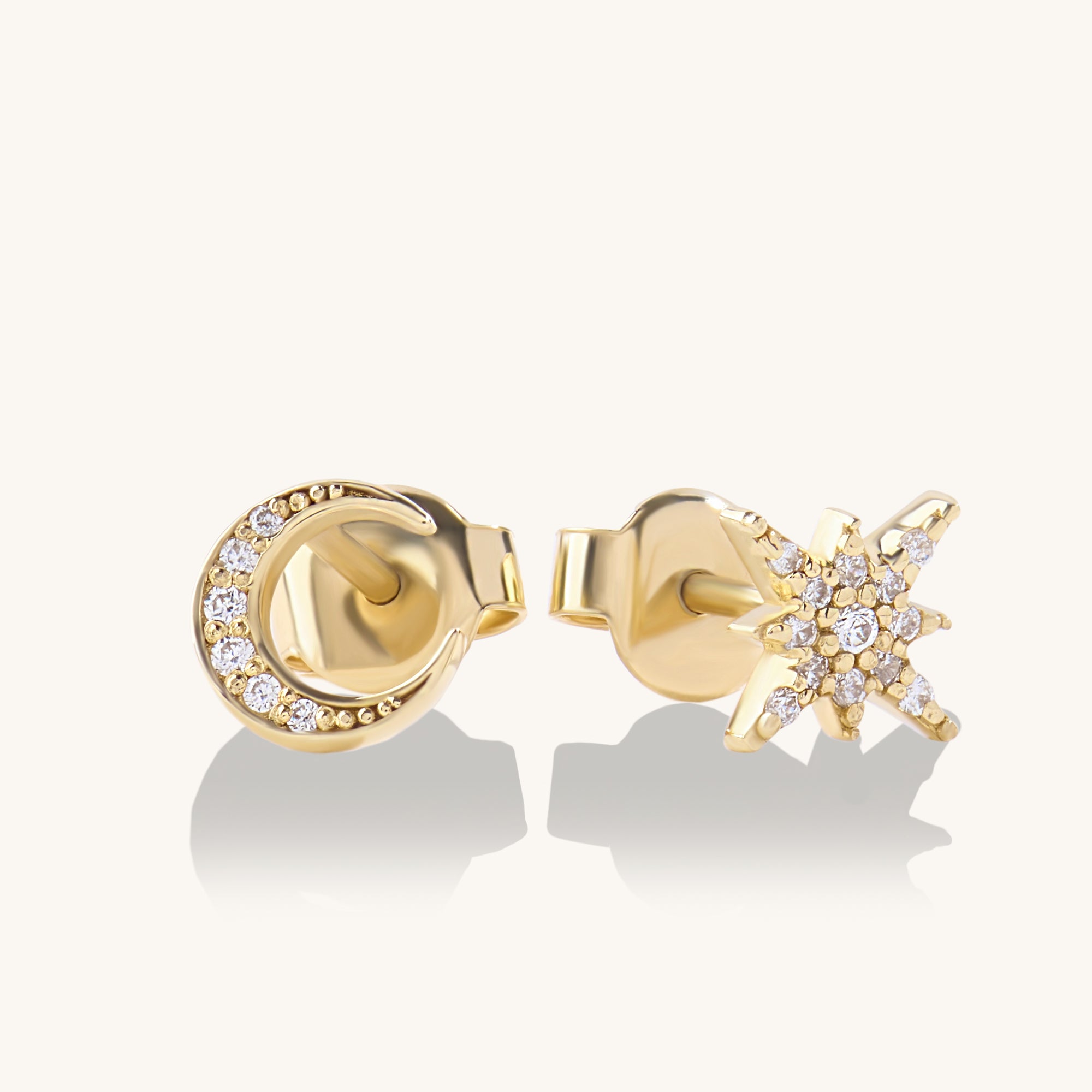 Women's Moon and Star Stud Earrings in 14k Solid Gold
