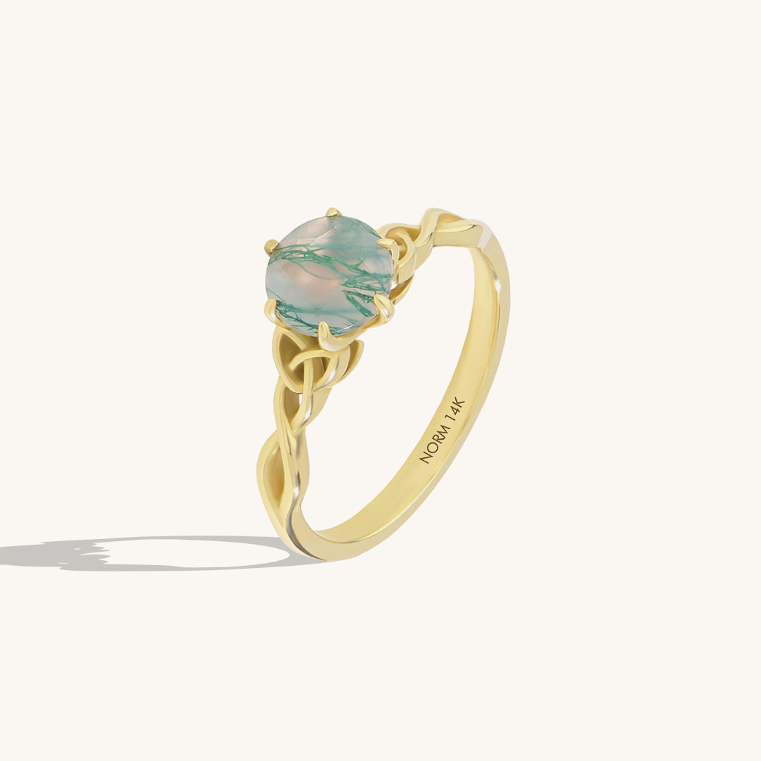 14K Real Gold Moss Agate Celtic Inspired Engagement Ring, Modern Proposal Ring