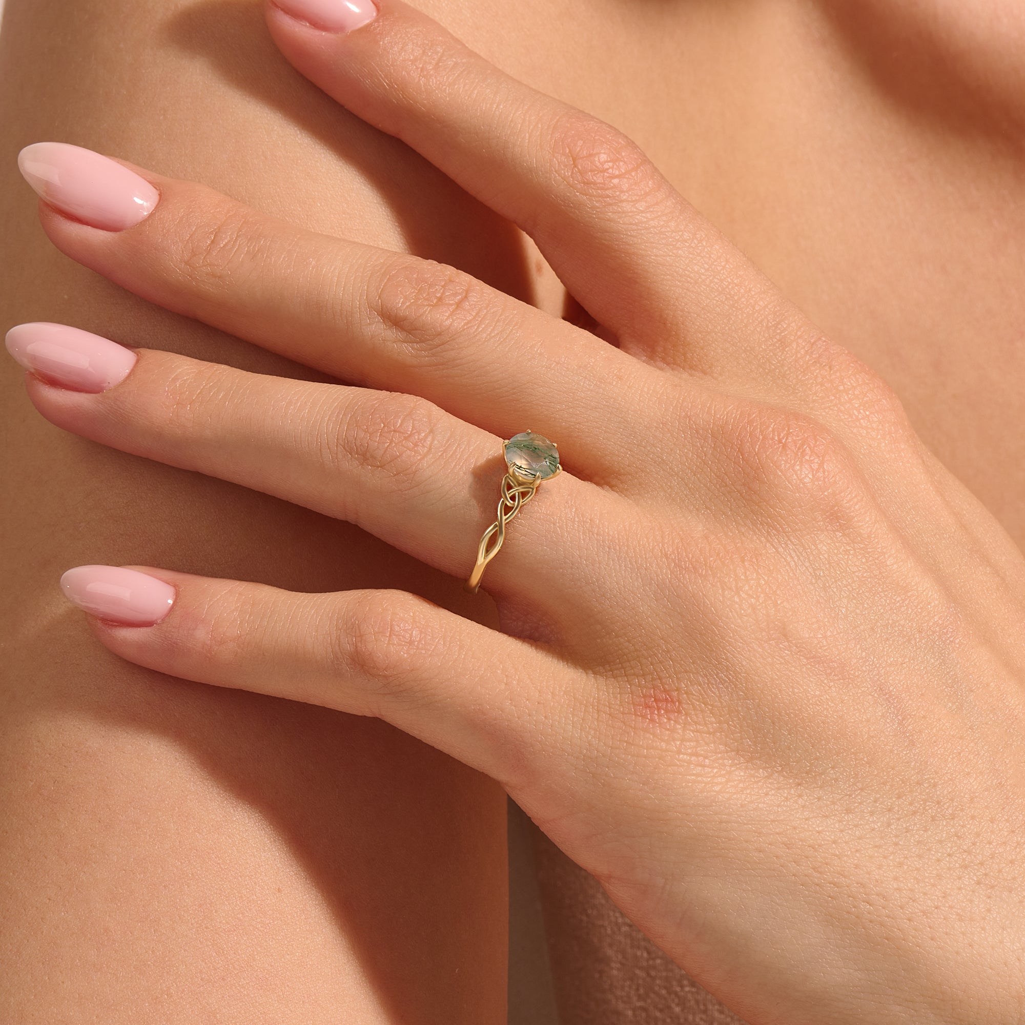14K Solid Gold Moss Agate Celtic Inspired Engagement Ring, Modern Proposal Ring