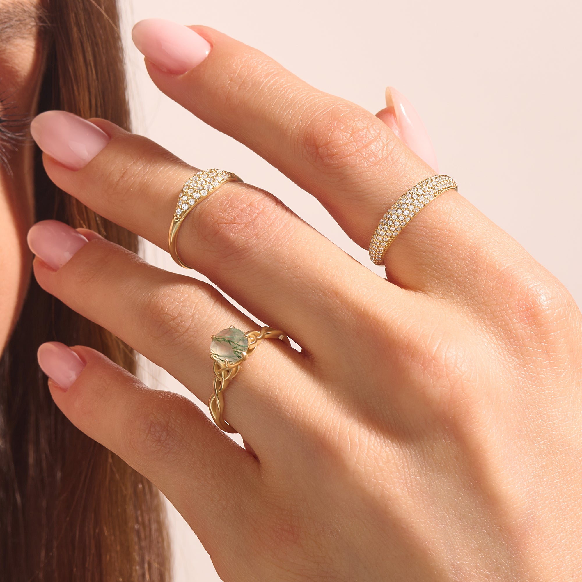 14K Solid Yellow Gold Moss Agate Celtic Inspired Engagement Ring