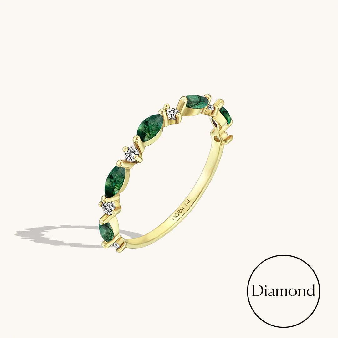 Moss Agate Marquise Band Ring in Solid Gold