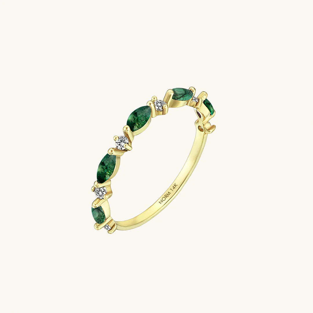 Solid Gold Diamond and Moss Agate Marquise Band