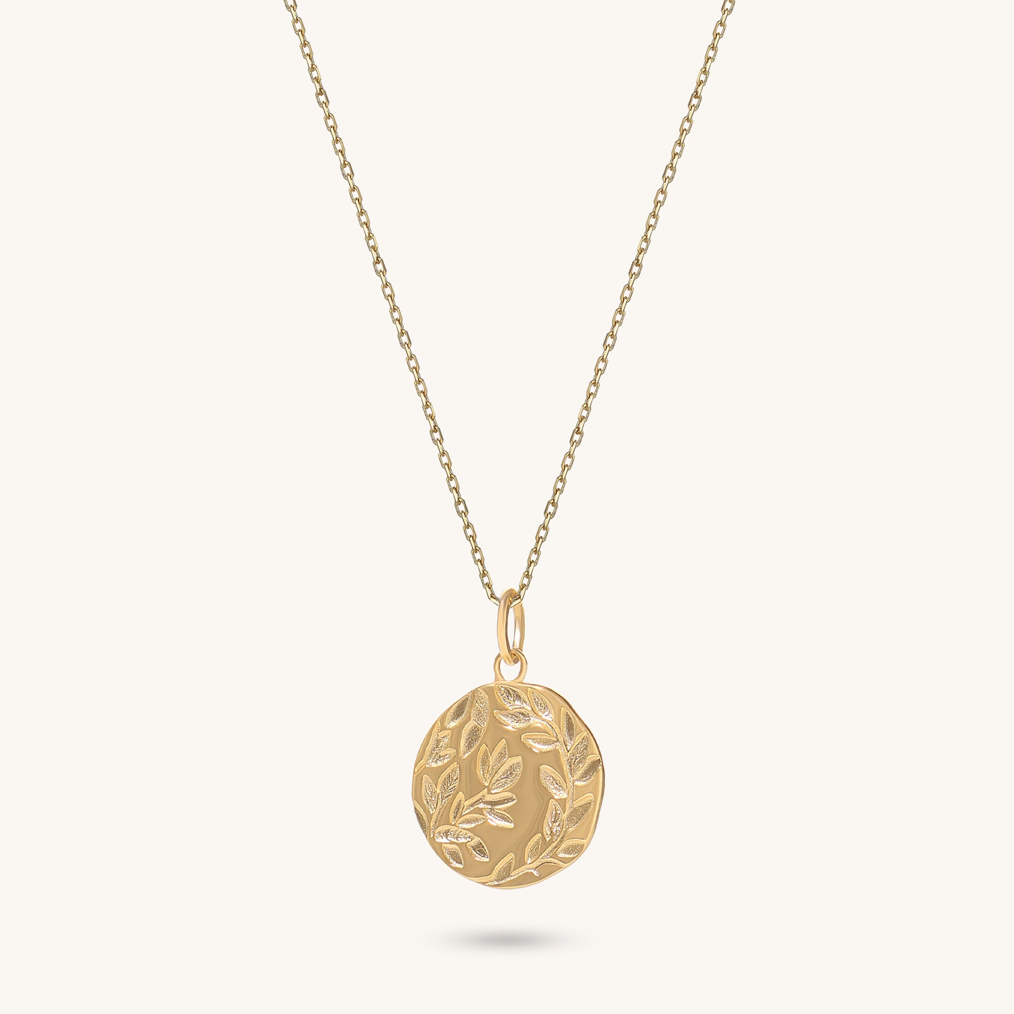 Olive Leaf Coin Necklace in 14K Solid Gold