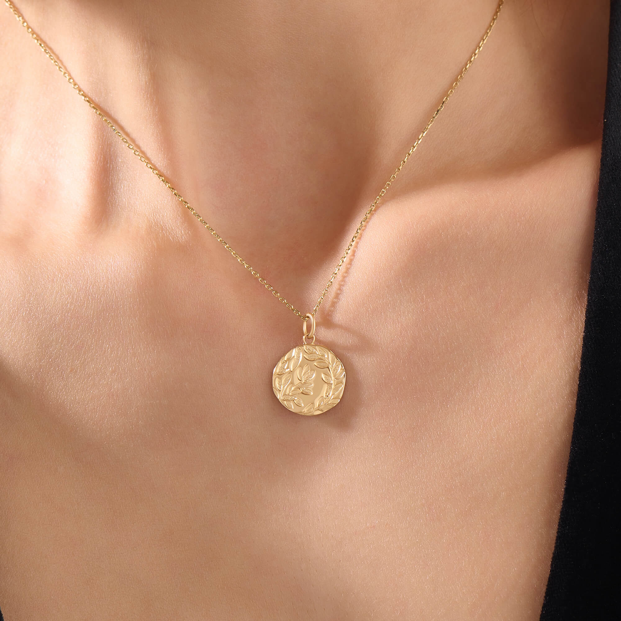 Olive Leaf Coin Necklace in 14K Real Gold