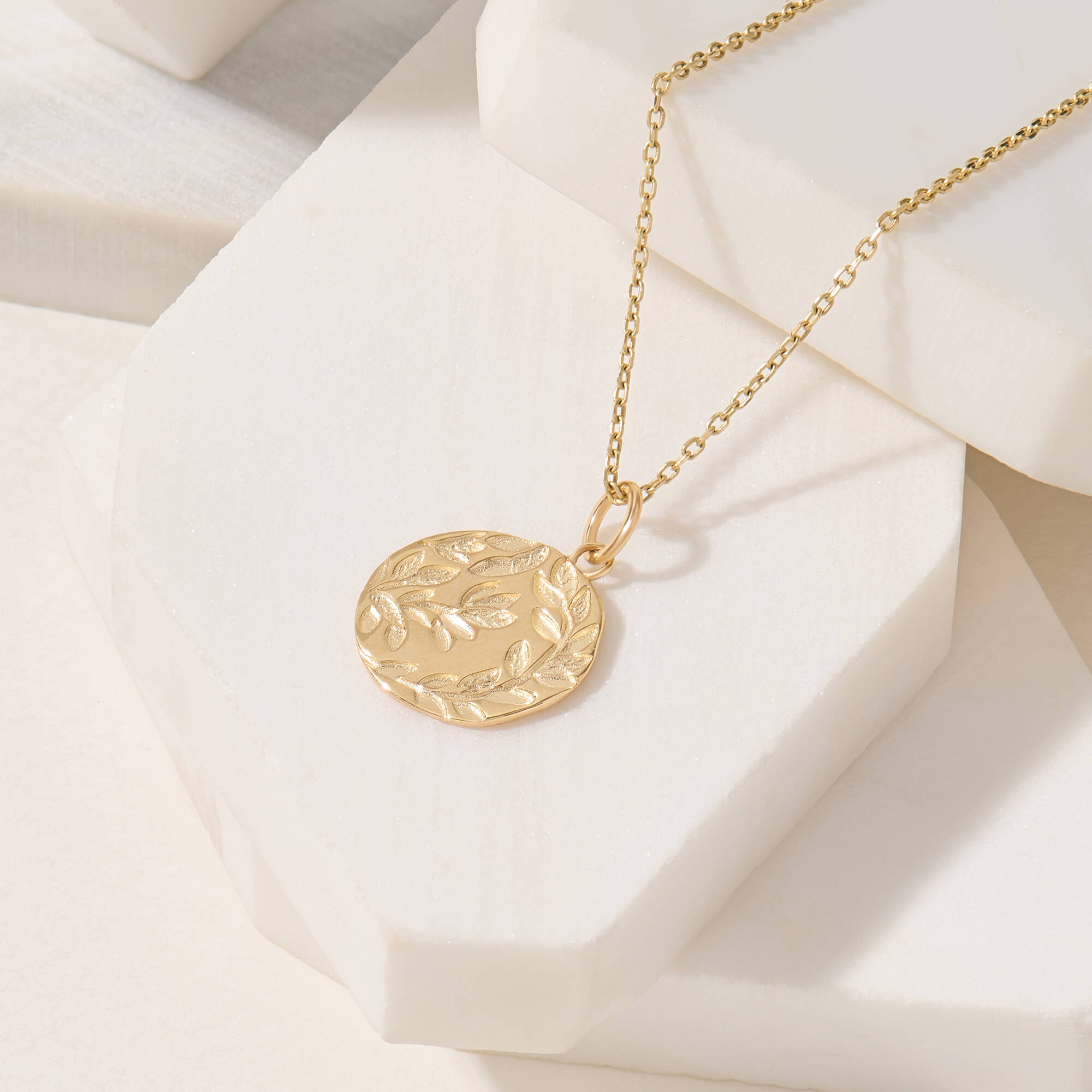 Women's Olive Leaf Coin Necklace in 14K Solid Gold