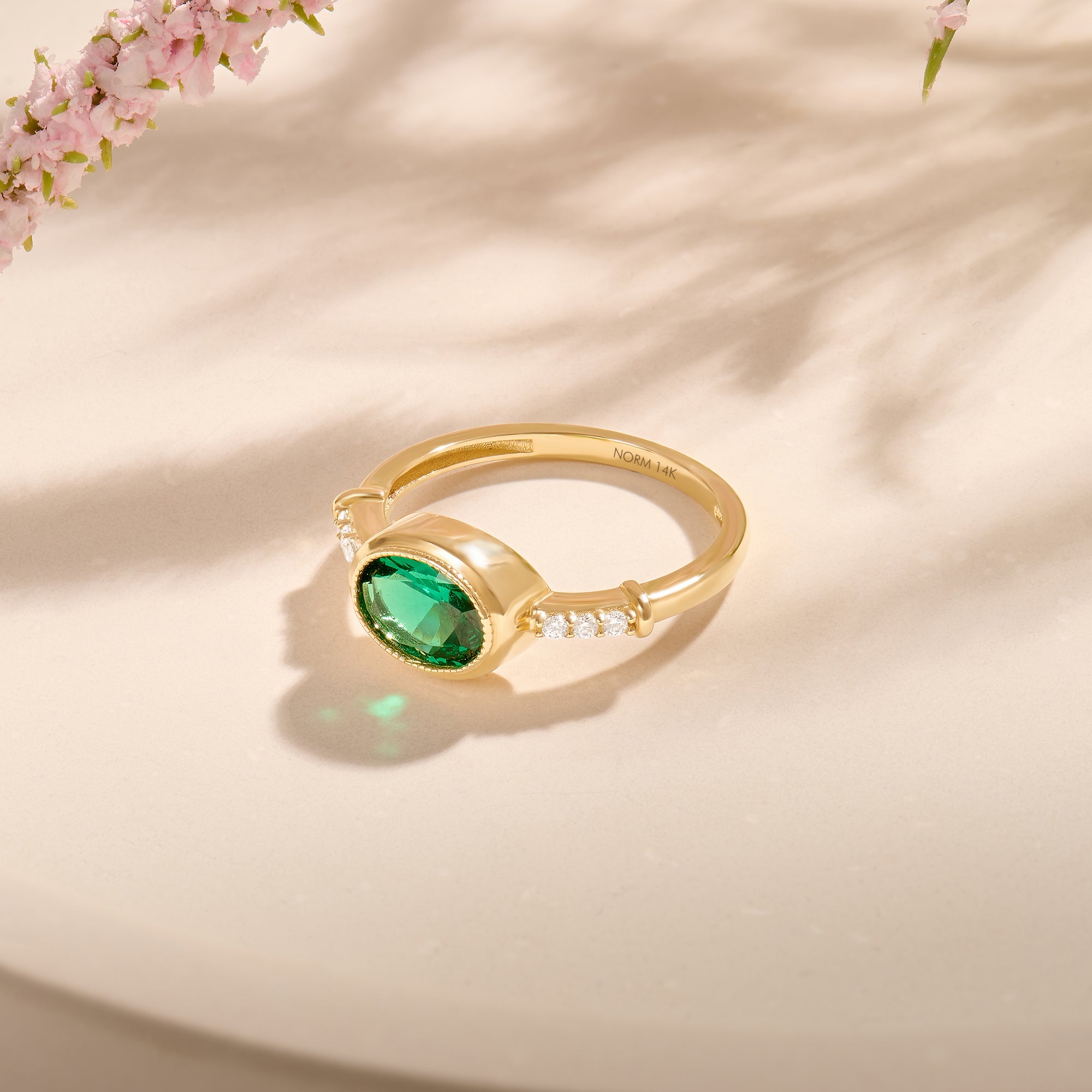 Solid 14K Gold Oval Emerald Bezel Promise Ring