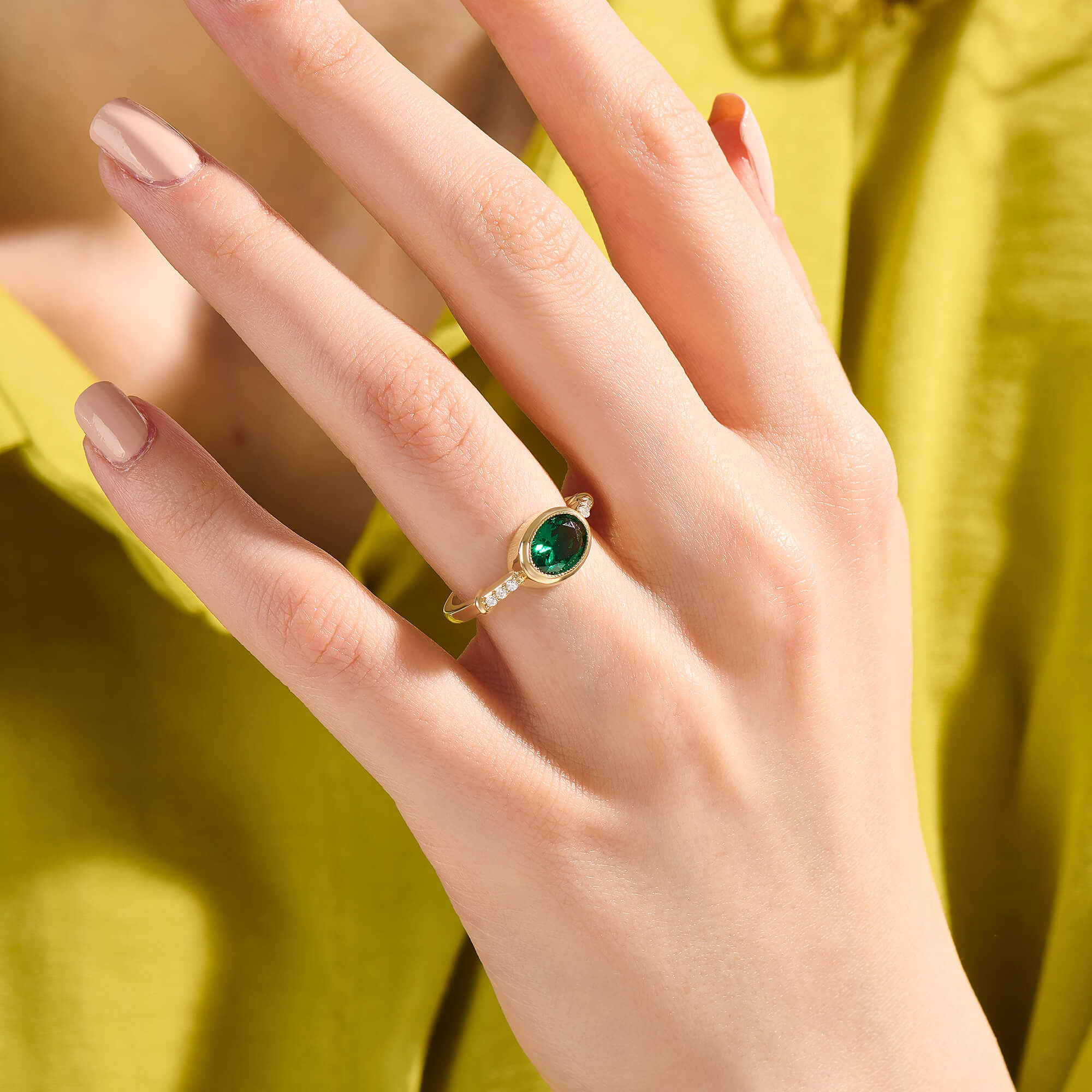14K Solid Yellow Gold Oval Emerald Bezel Promise Ring