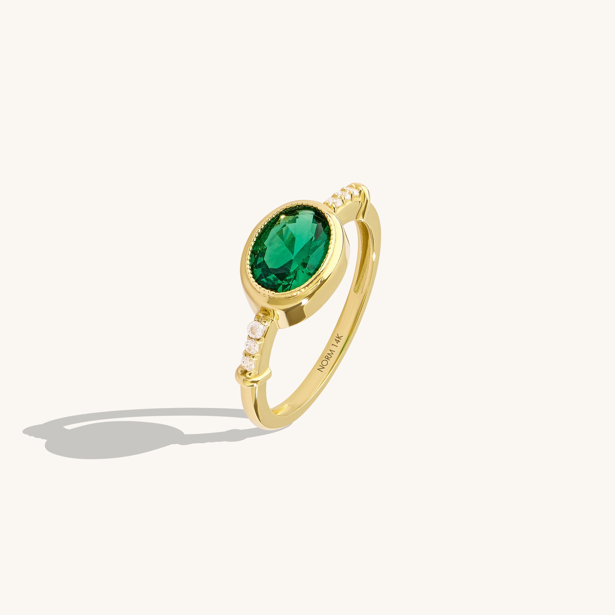 14K Real Yellow Gold Oval Emerald Bezel Promise Ring