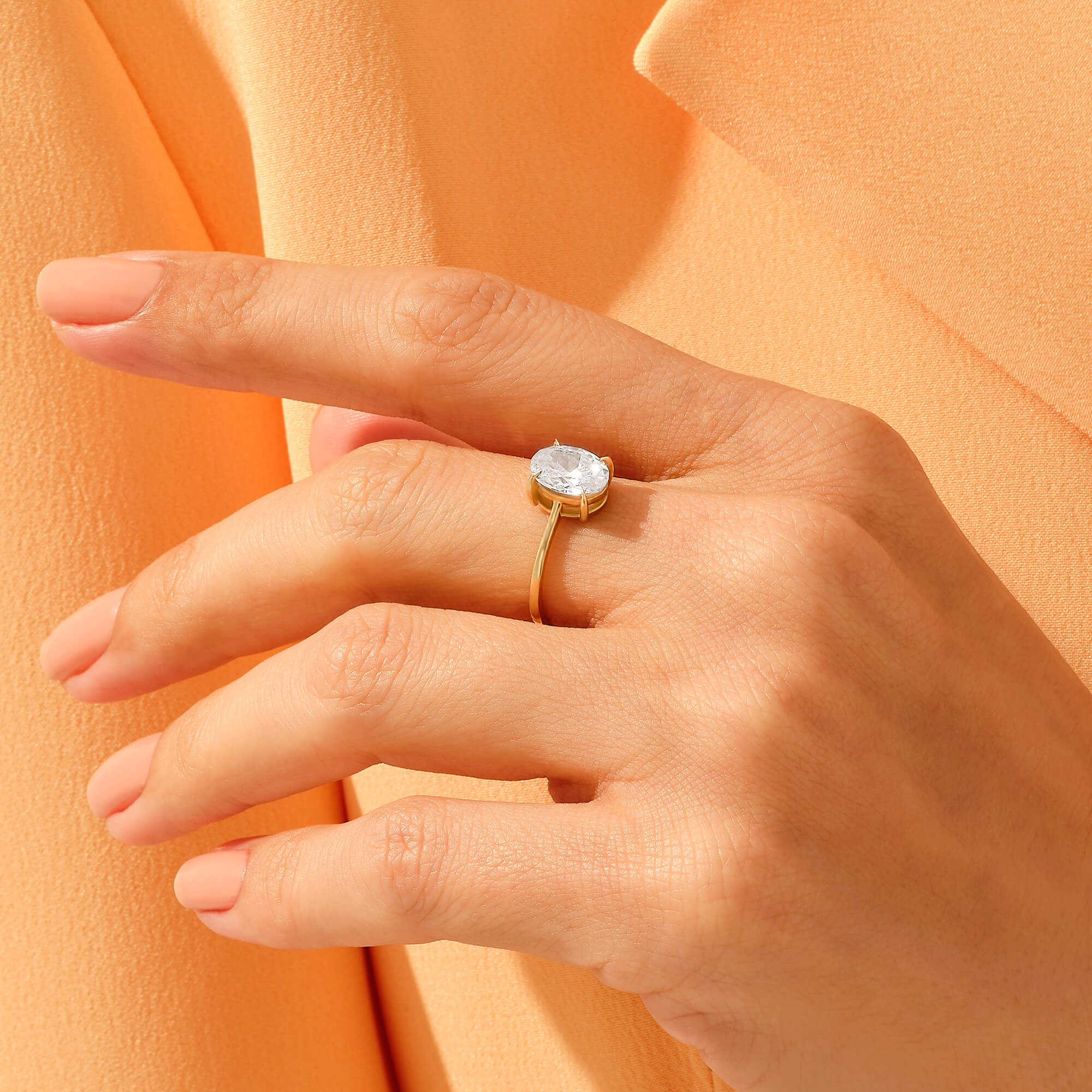 14K Solid Gold Oval Solitaire Chunky Engagement Ring