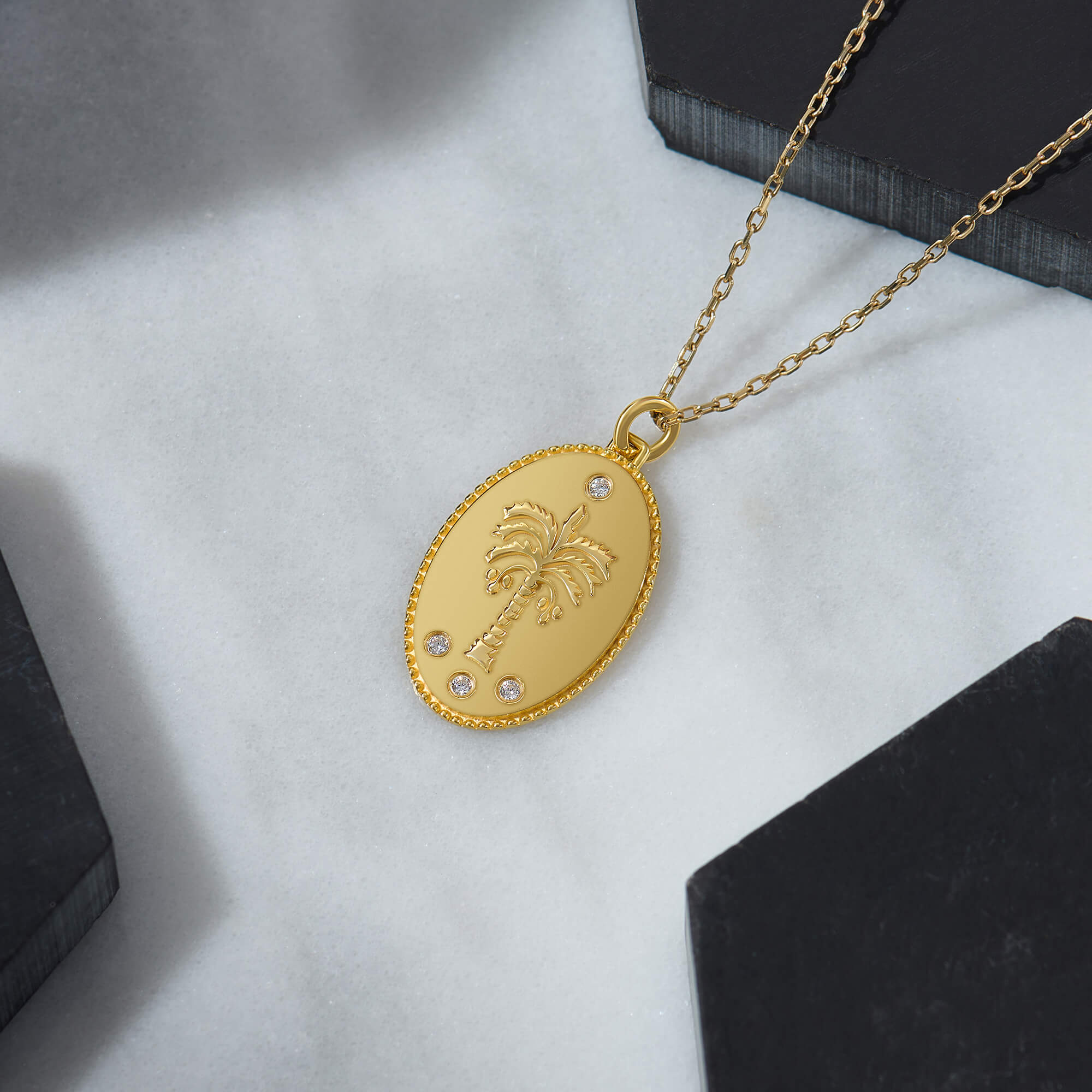 Oval Necklace with Palm Tree in Gold Vermeil on 925 Sterling Silver