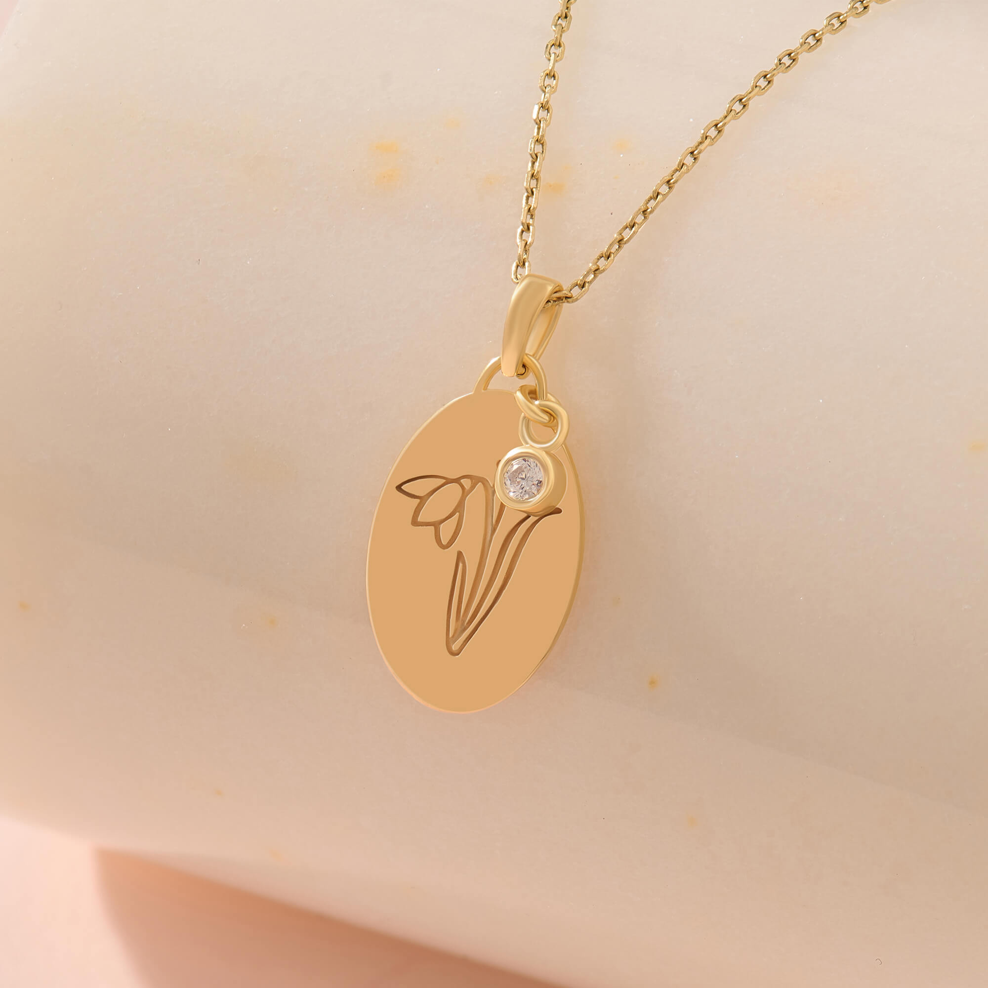 Oval Snowdrop Engraved Necklace in 24K Vermeil
