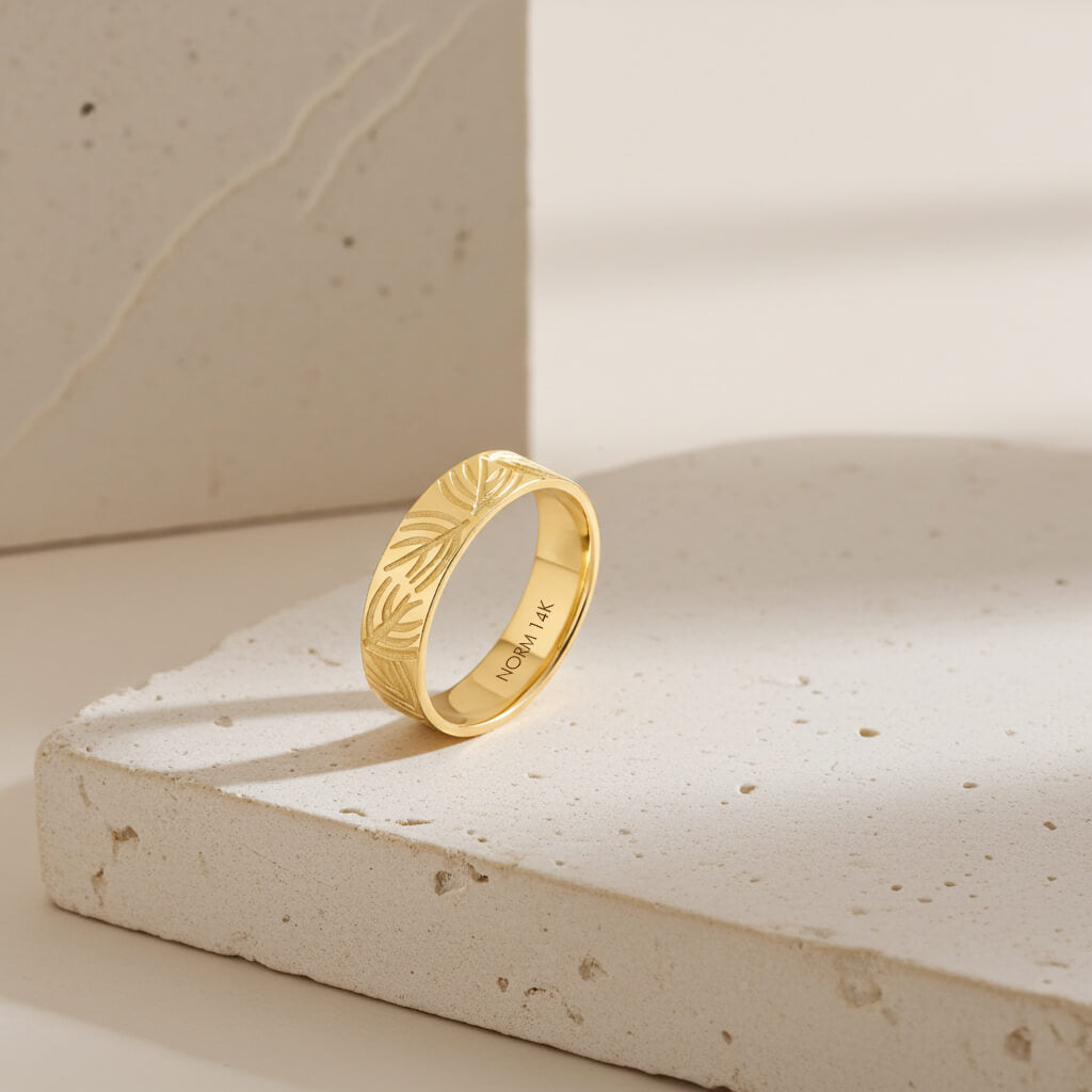 Solid Yellow Gold Band Ring with Palm Design