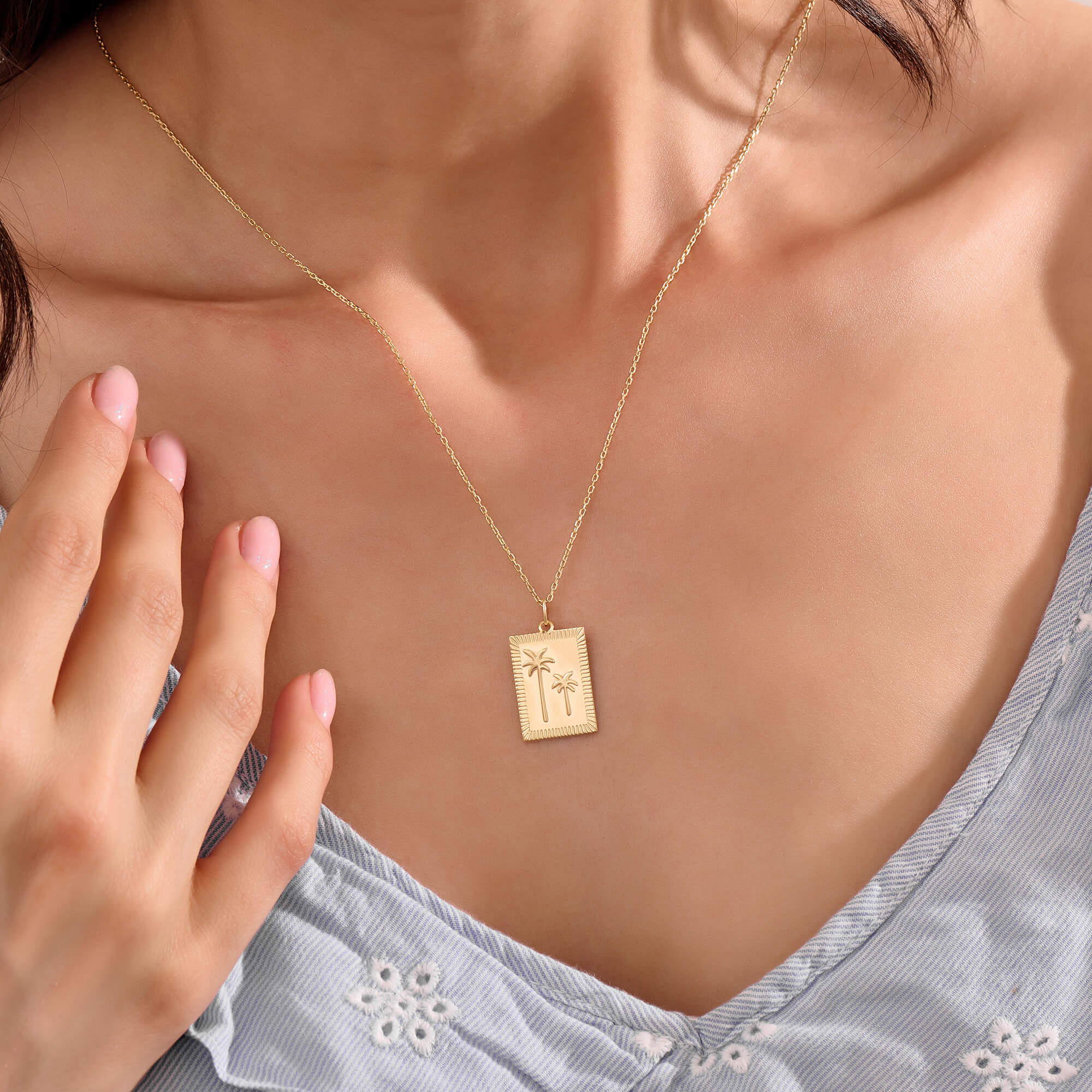 Women's Gold Vermeil Tag Necklace with Palm Tree Design