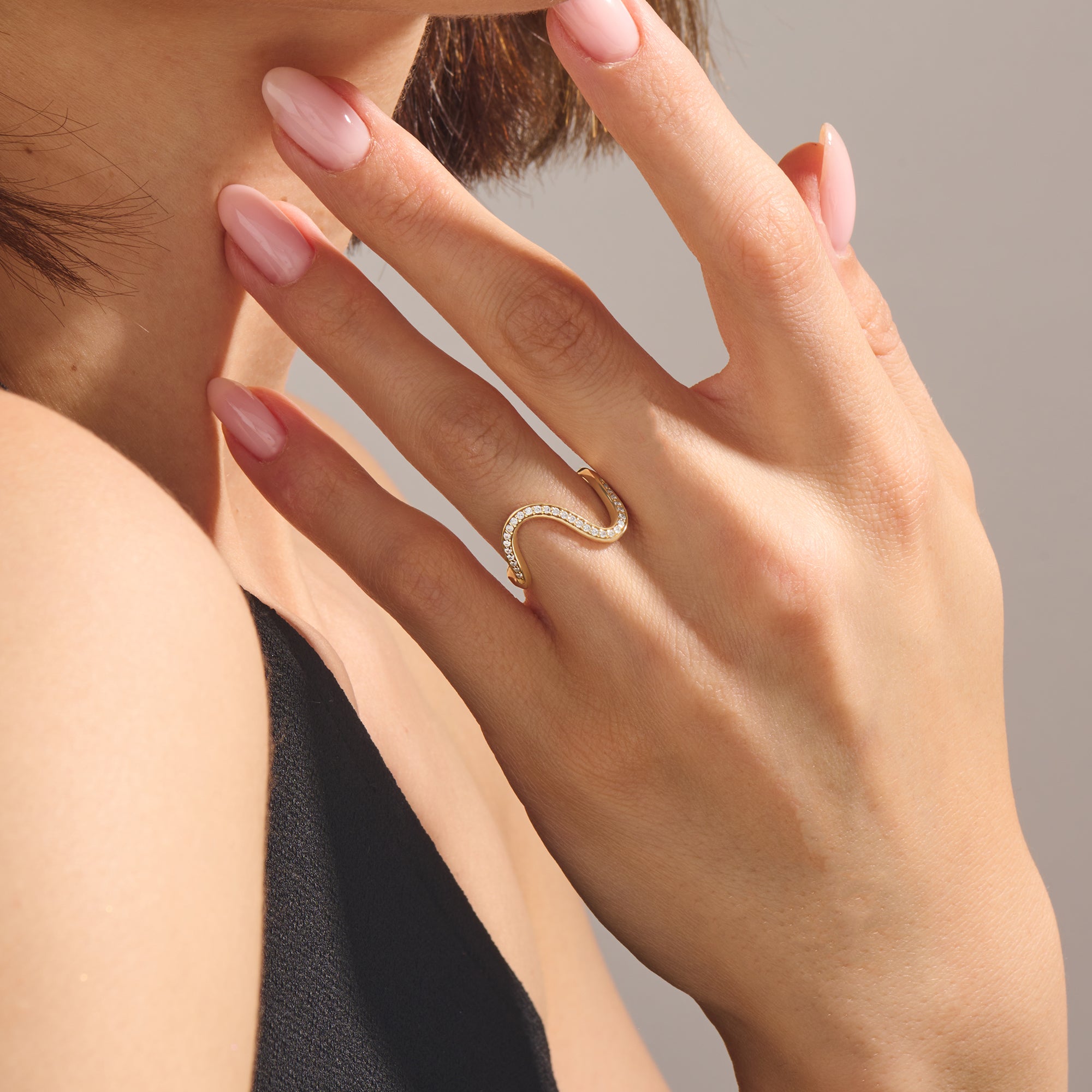 14K Real Gold Deep Wave Ring Paved with CZ Diamonds