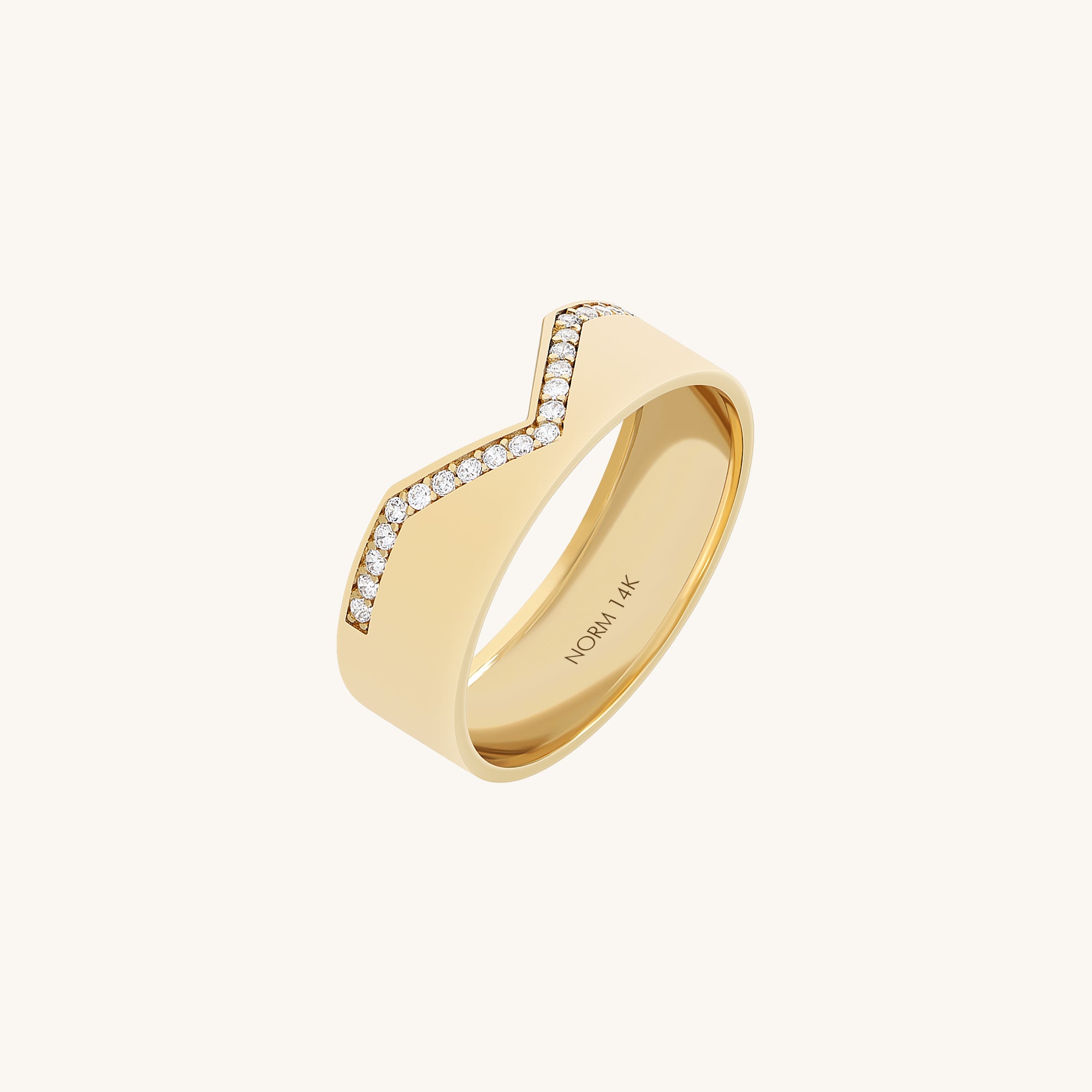 Chevron Design Paved Band Ring in 14K Real Yellow Gold