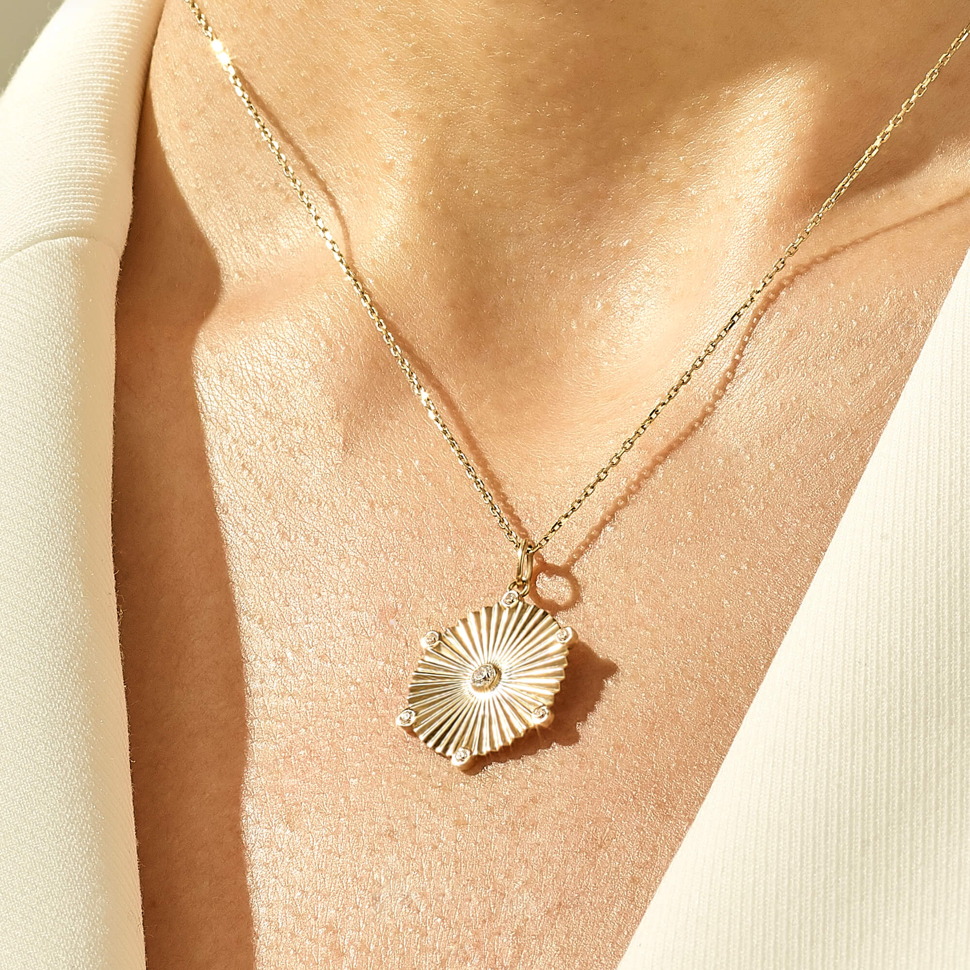 14k Solid Yellow Gold Pave Sun Coin Pendant for Women