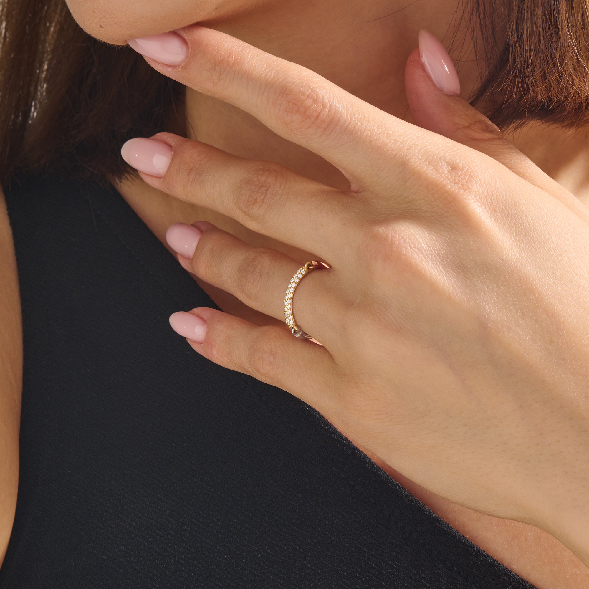 Three Colored Link Paved Band Ring in 14K Real Gold