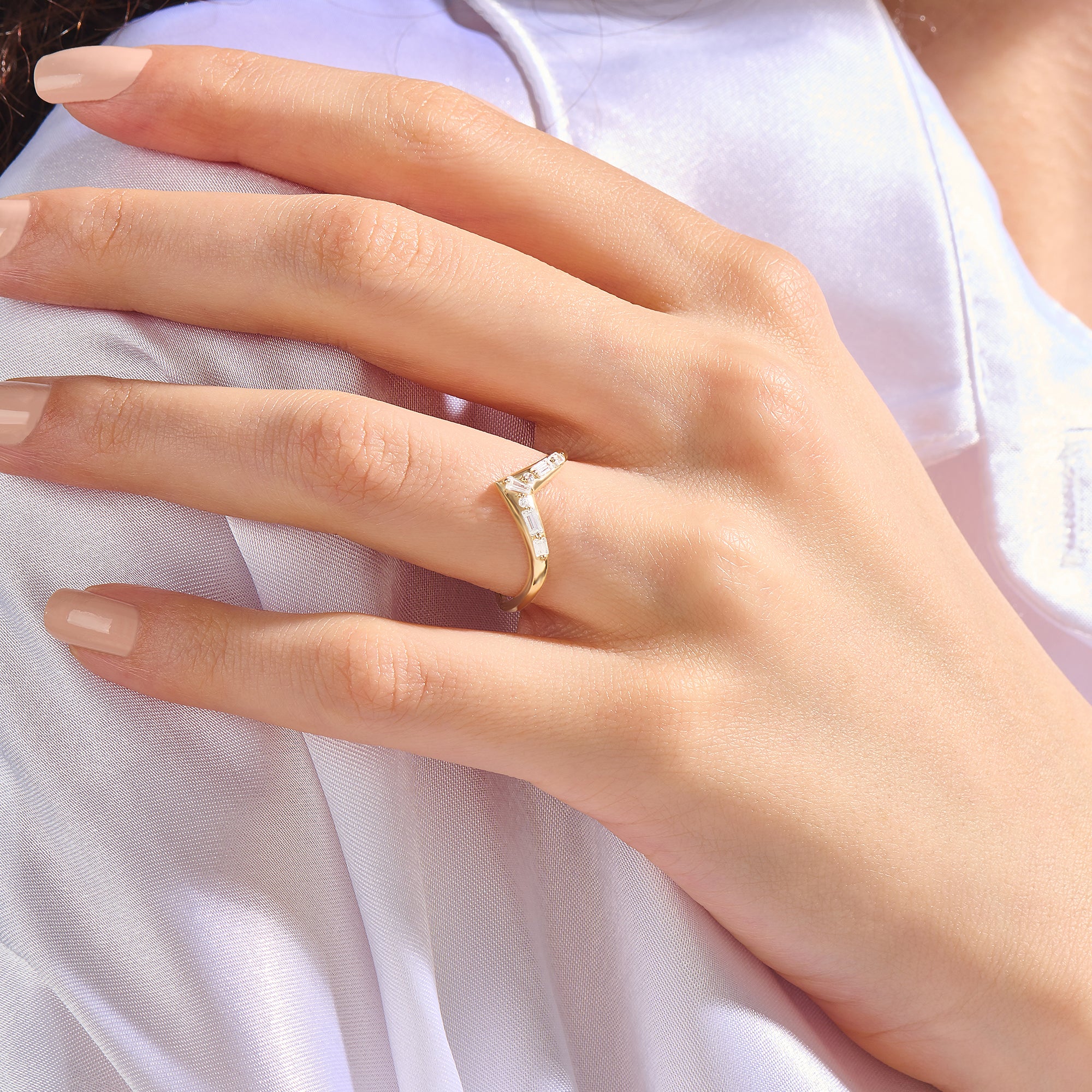 14K Solid Gold Chevron Curve Ring Paved with CZ Diamonds