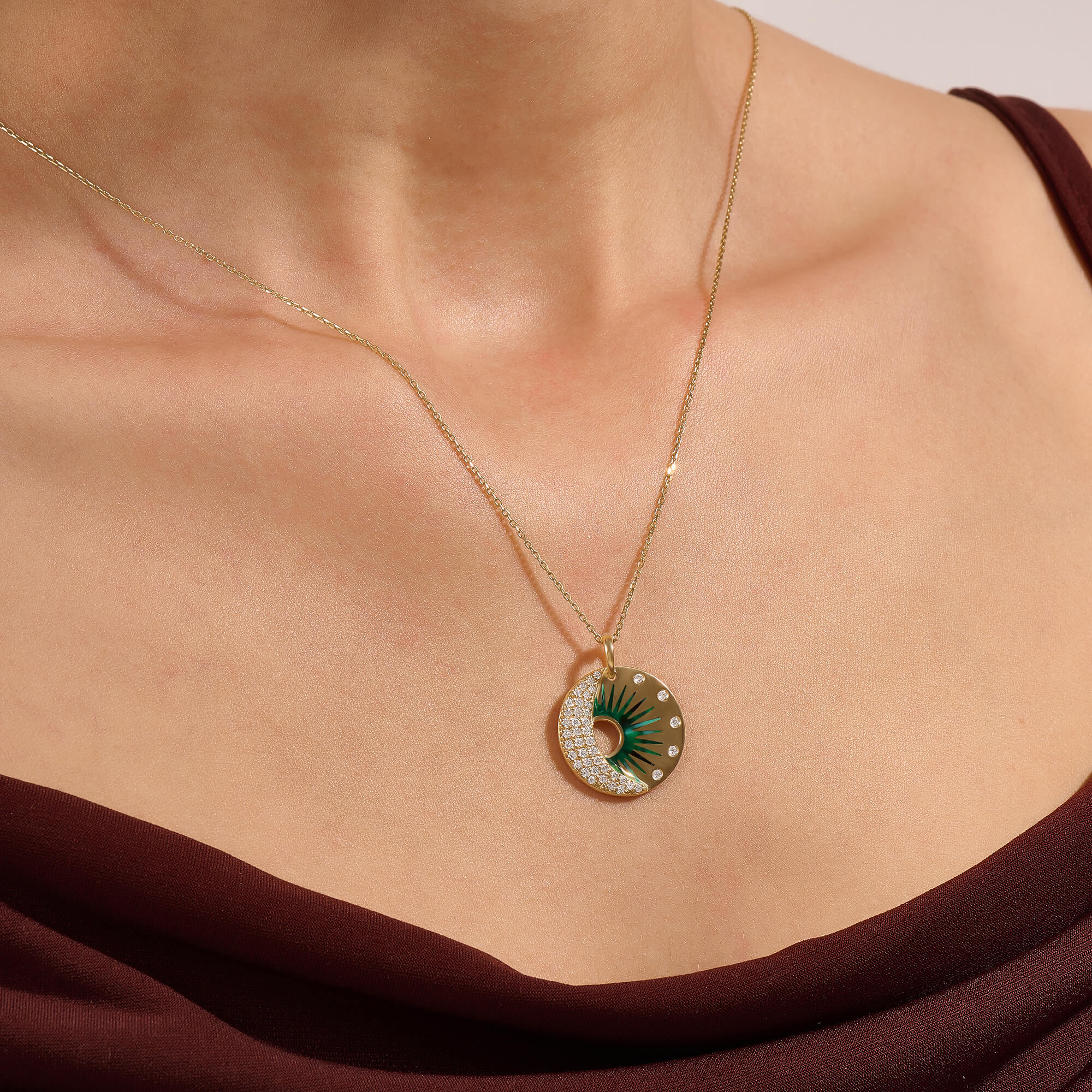Sunshine & Crescent Moon Necklace in 14K Solid Gold